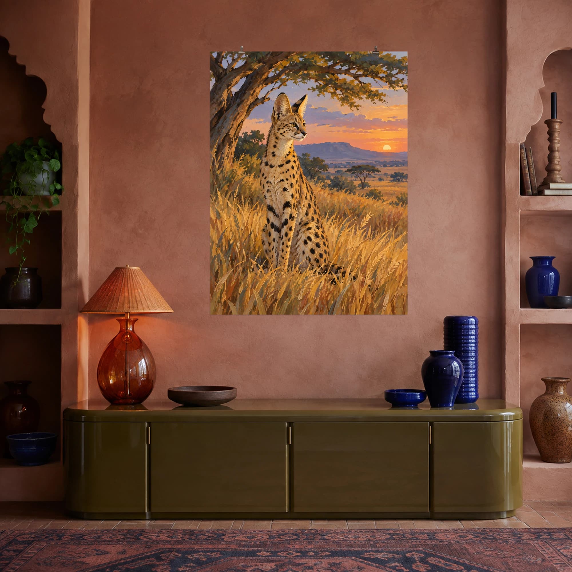This gouache-style composition features a slender serval sitting alert among golden grasses under an acacia canopy in soft evening light. Expressive brushwork and a balanced palette bring warmth and character to your space.