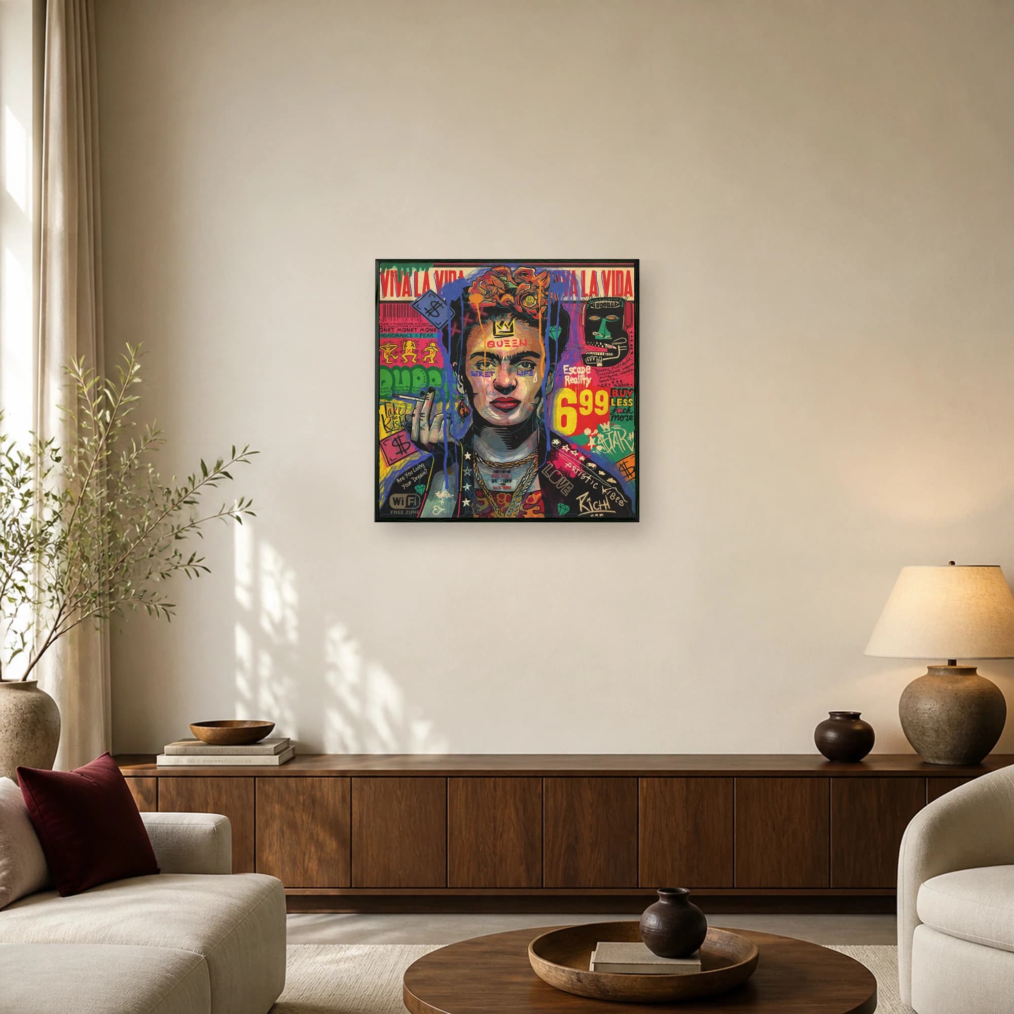 A vibrant pop art portrait of Frida Kahlo surrounded by colorful graffiti, street art tags, and collage elements in red, blue, and yellow.