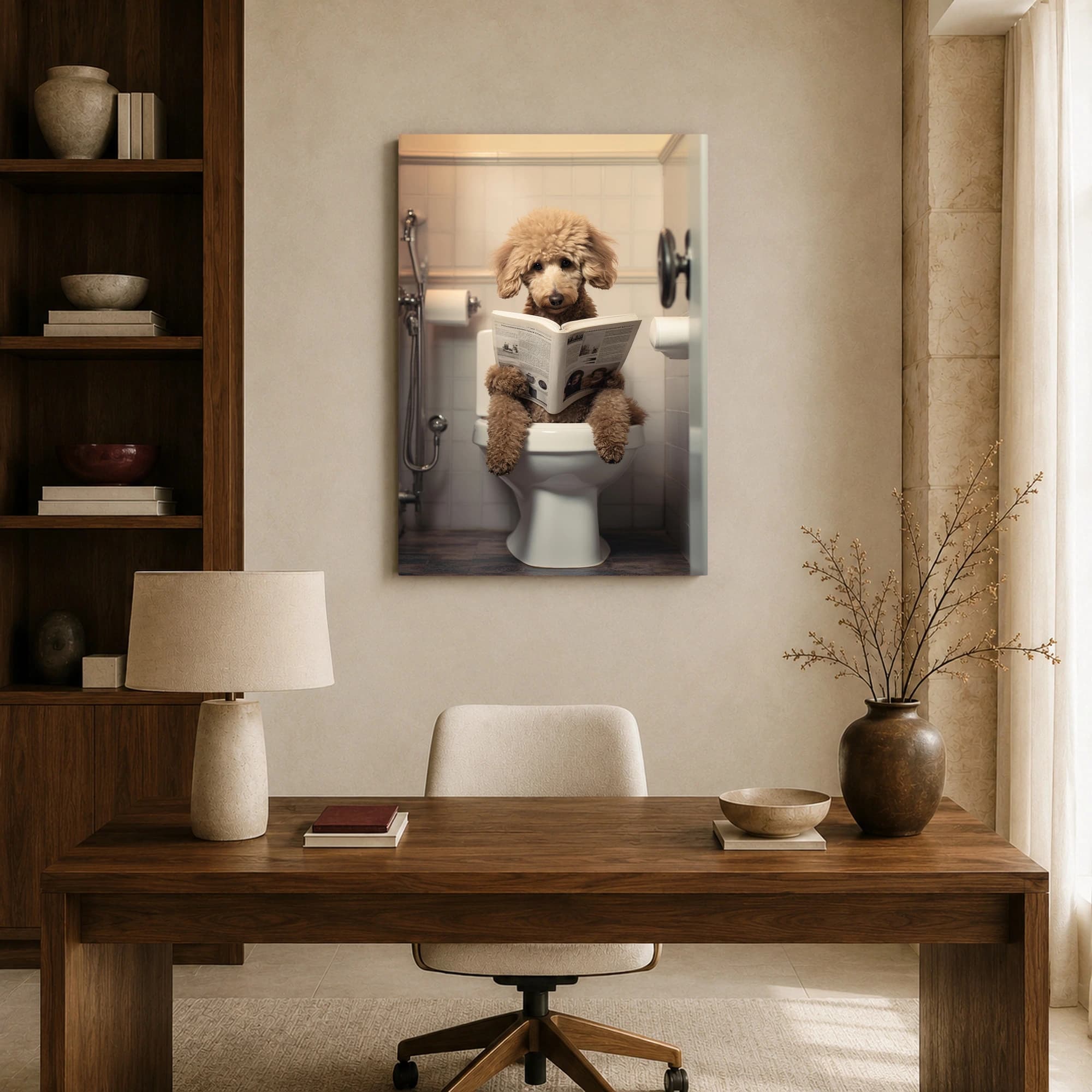 Poodle Reading Newspaper on Toilet Funny Bathroom Wall Art, view 8