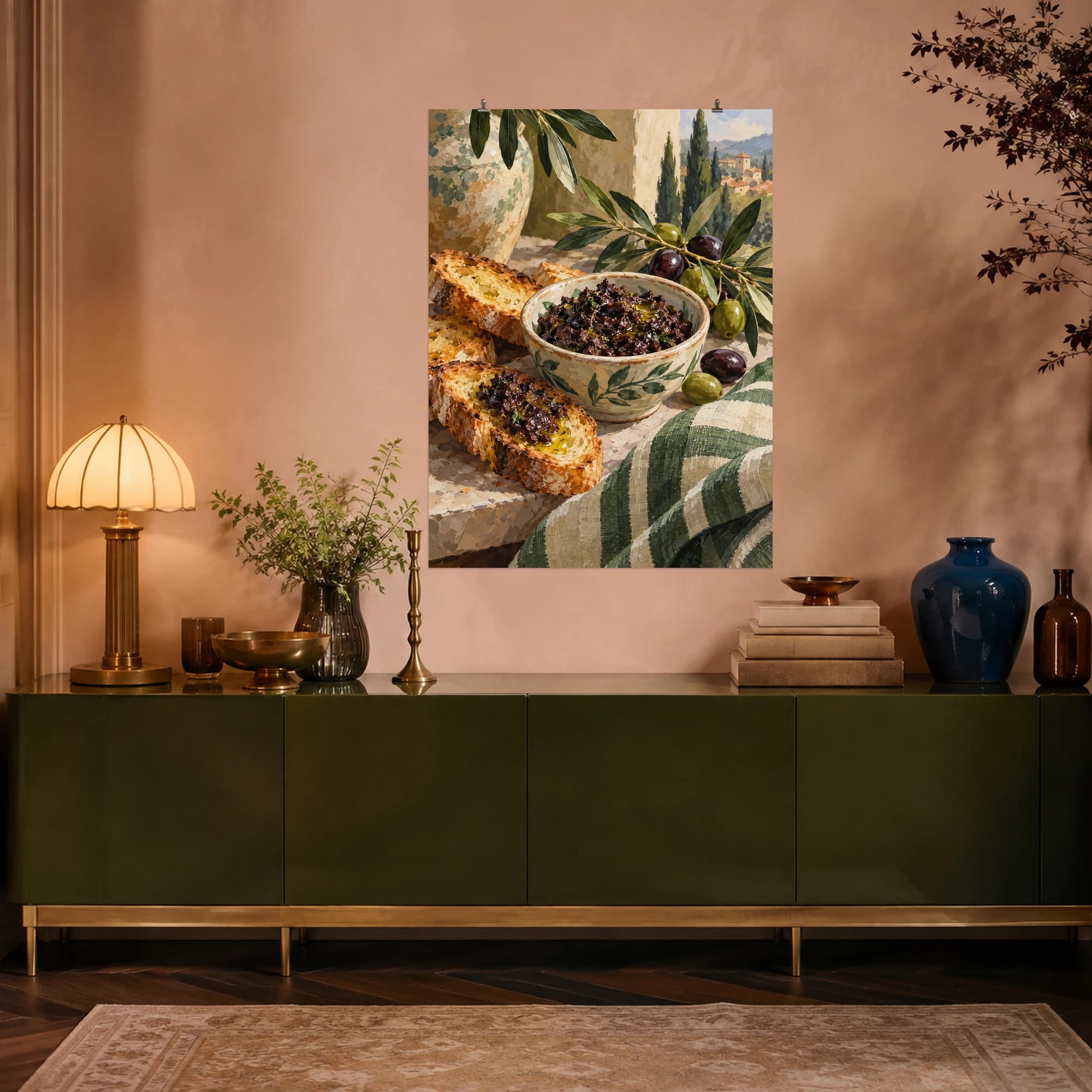 This gouache-style composition features a small ceramic bowl of olive tapenade with toasted bread olive branches and a striped green cloth. Expressive brushwork and a balanced palette bring warmth and character to your space.