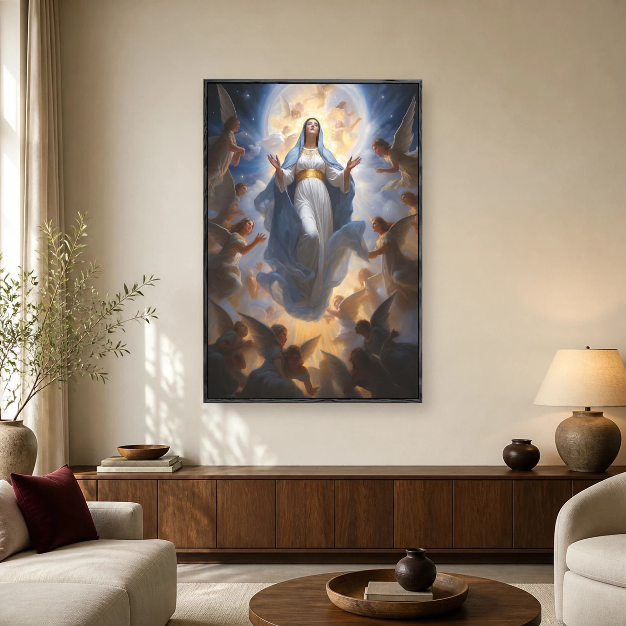 A classical painting of a woman in blue and white robes ascending into a golden halo of light, surrounded by winged angels.