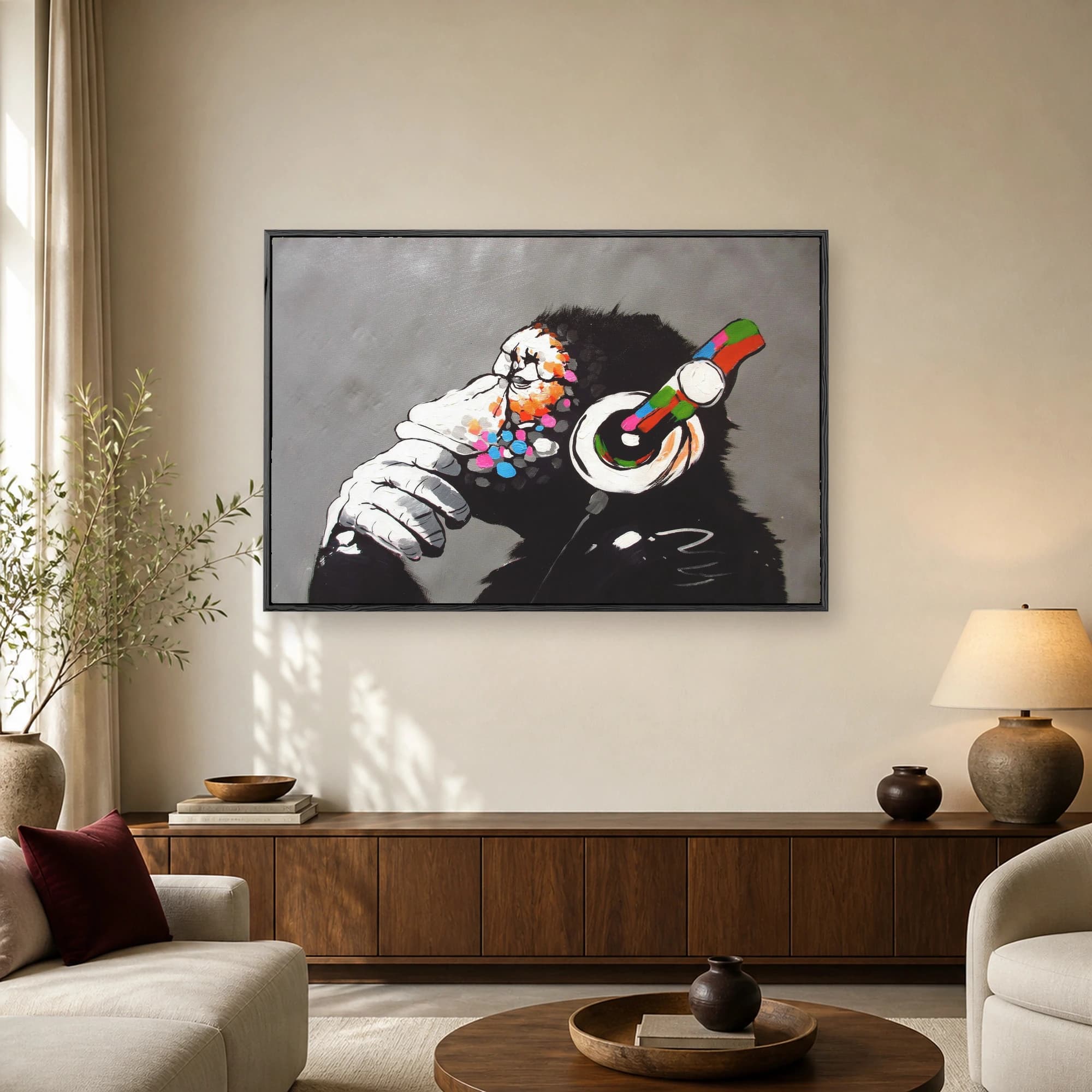 Pop art painting of a gorilla in profile wearing colorful headphones and touching its chin against a gray background.