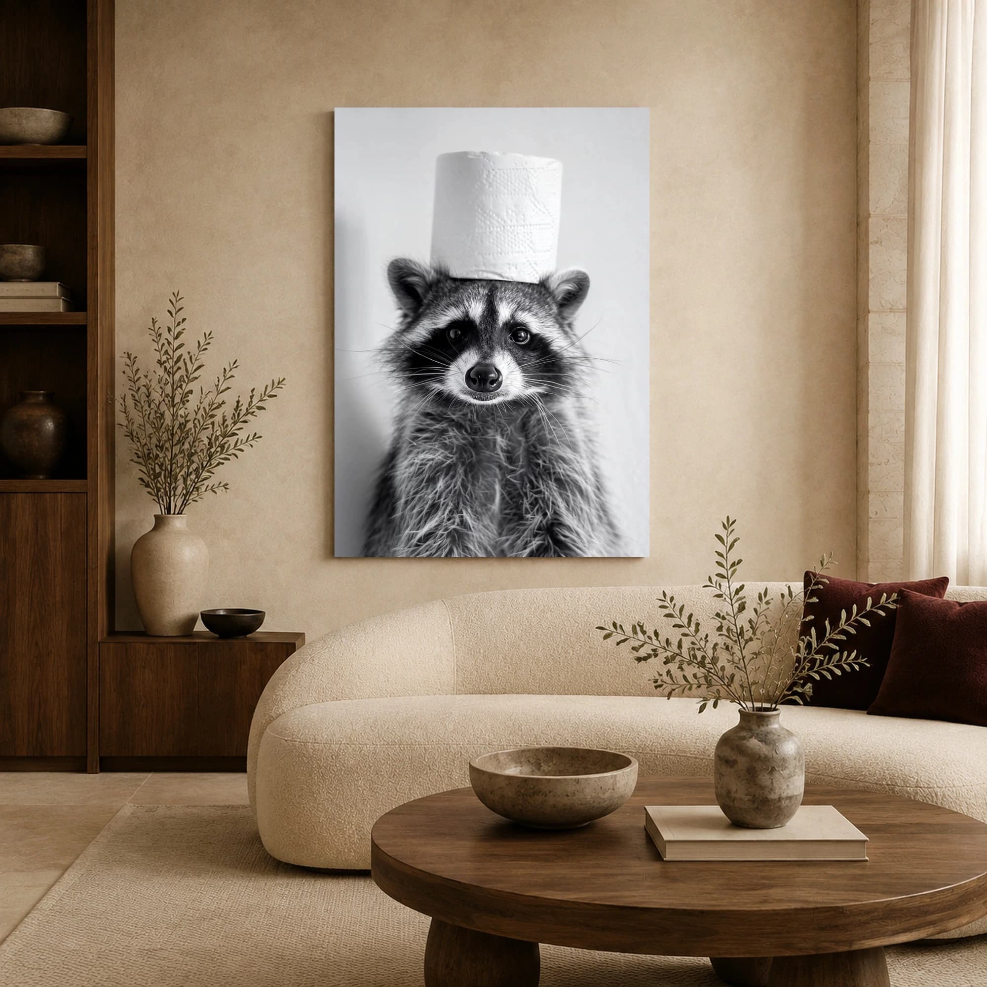 Curious Raccoon Wearing Toilet Paper Hat Black and White Print, view 6
