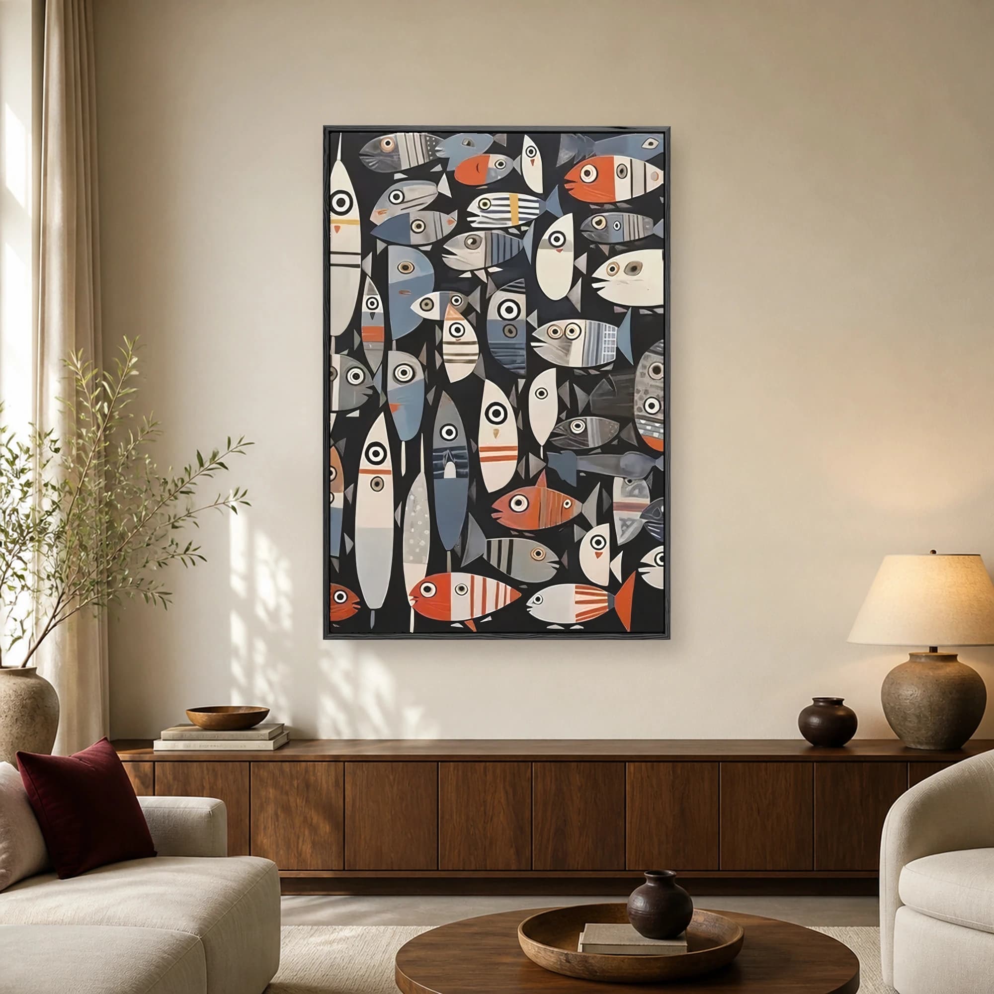 A modern abstract art print featuring a dense school of stylized fish with circular eyes and striped patterns in orange, gray, and blue on a dark background.