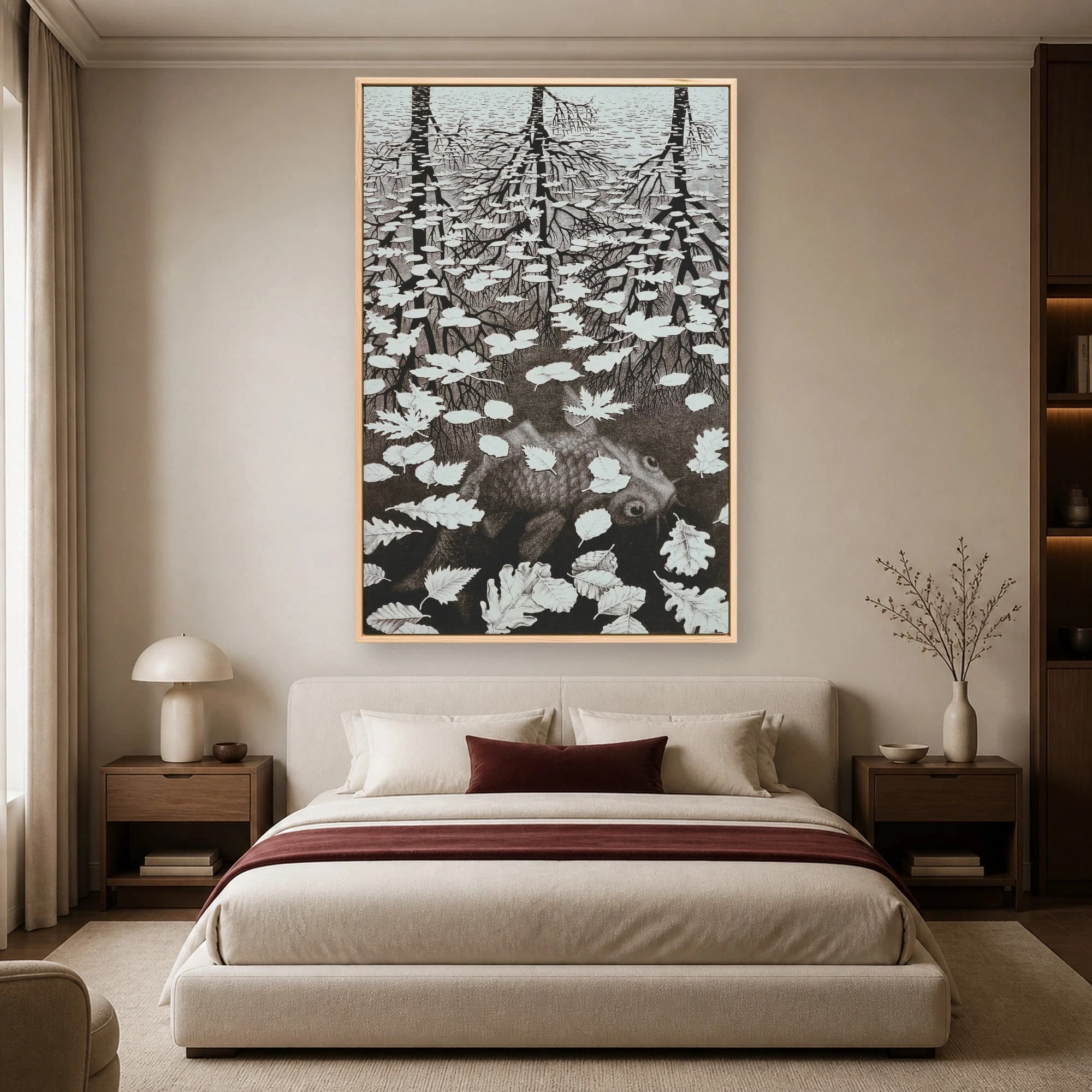 Surreal Monochrome Optical Illusion Tree and Fish Art Print, view 4