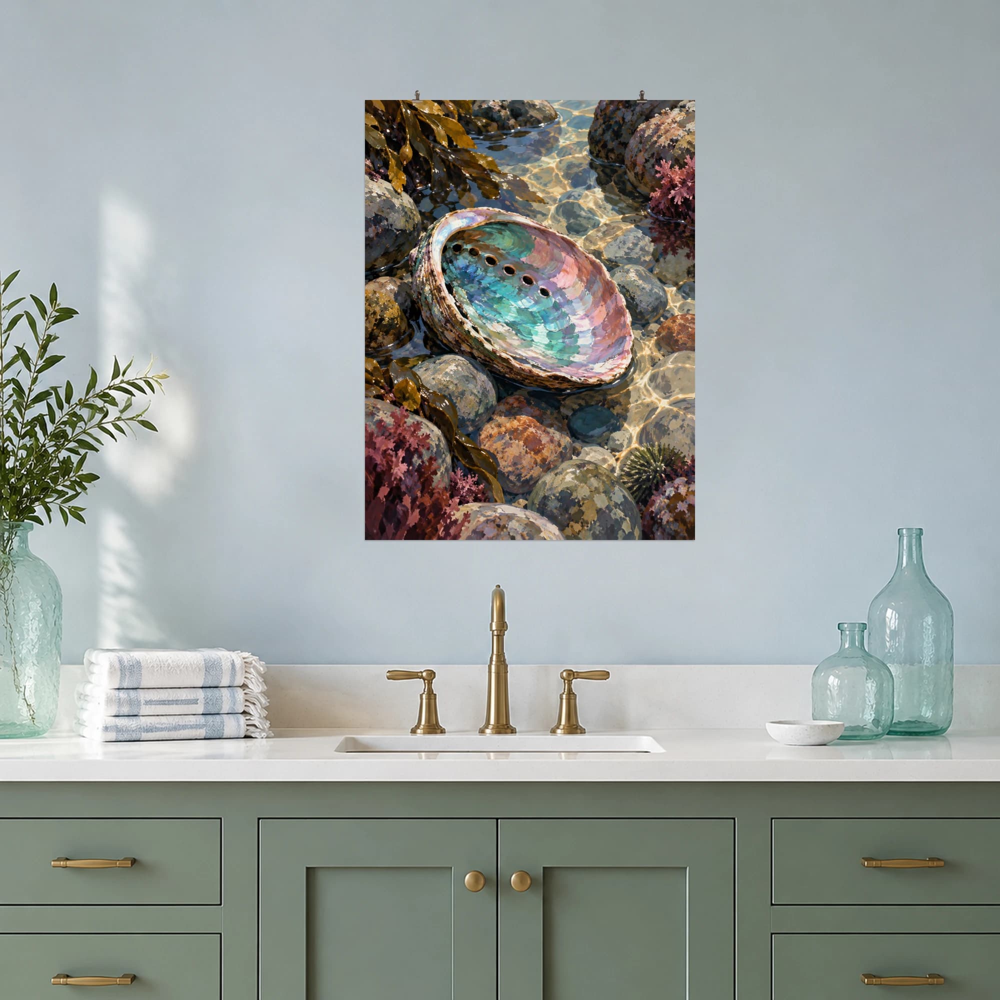 This gouache-style composition features an open abalone shell resting in a shallow clear tide pool among rounded pebbles, pearlescent teal and rose interior with gentle sunlight ripples. Expressive brushwork and a balanced palette bring warmth and character to your space.
