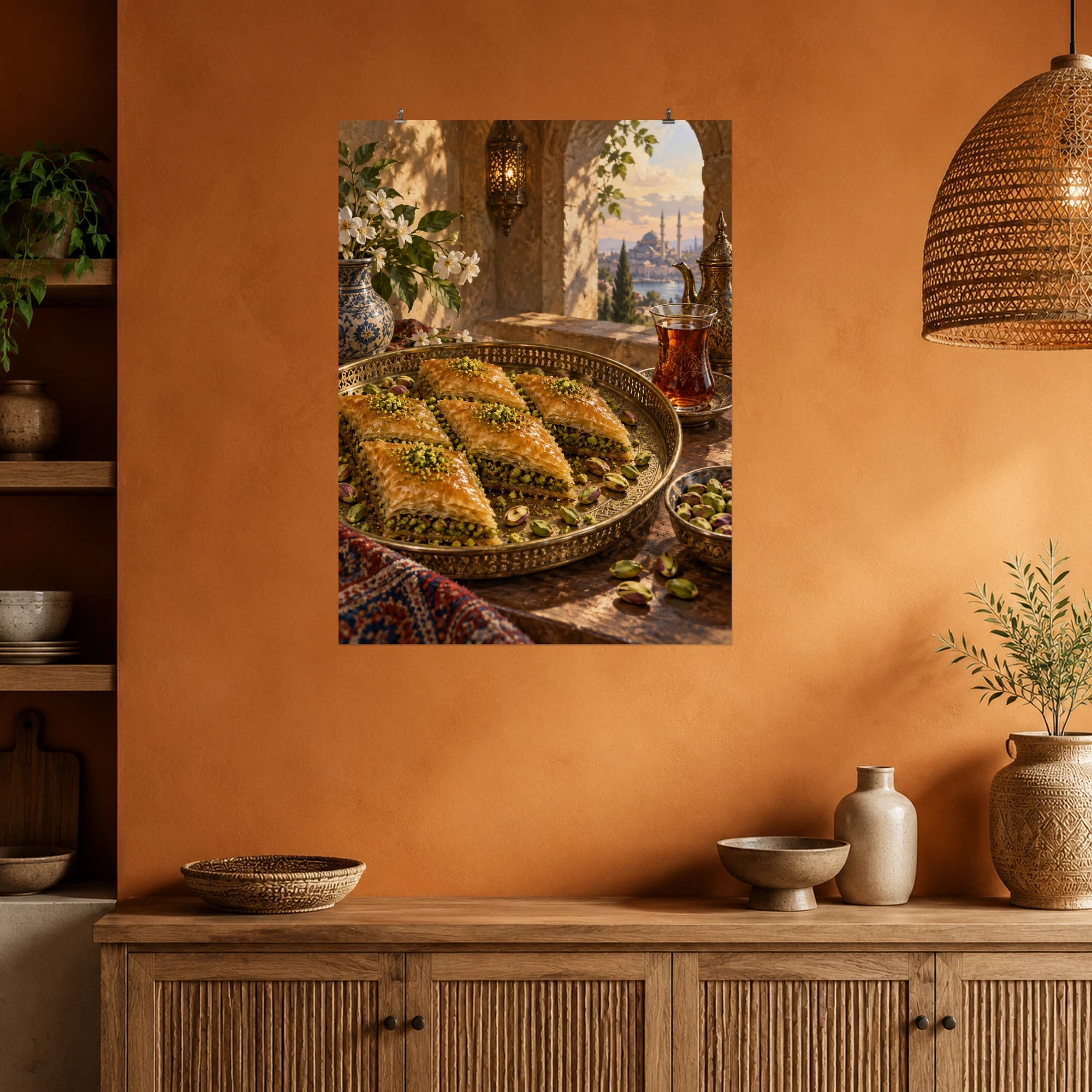Pistachio baklava and amber tea shine on an ornate brass tray.