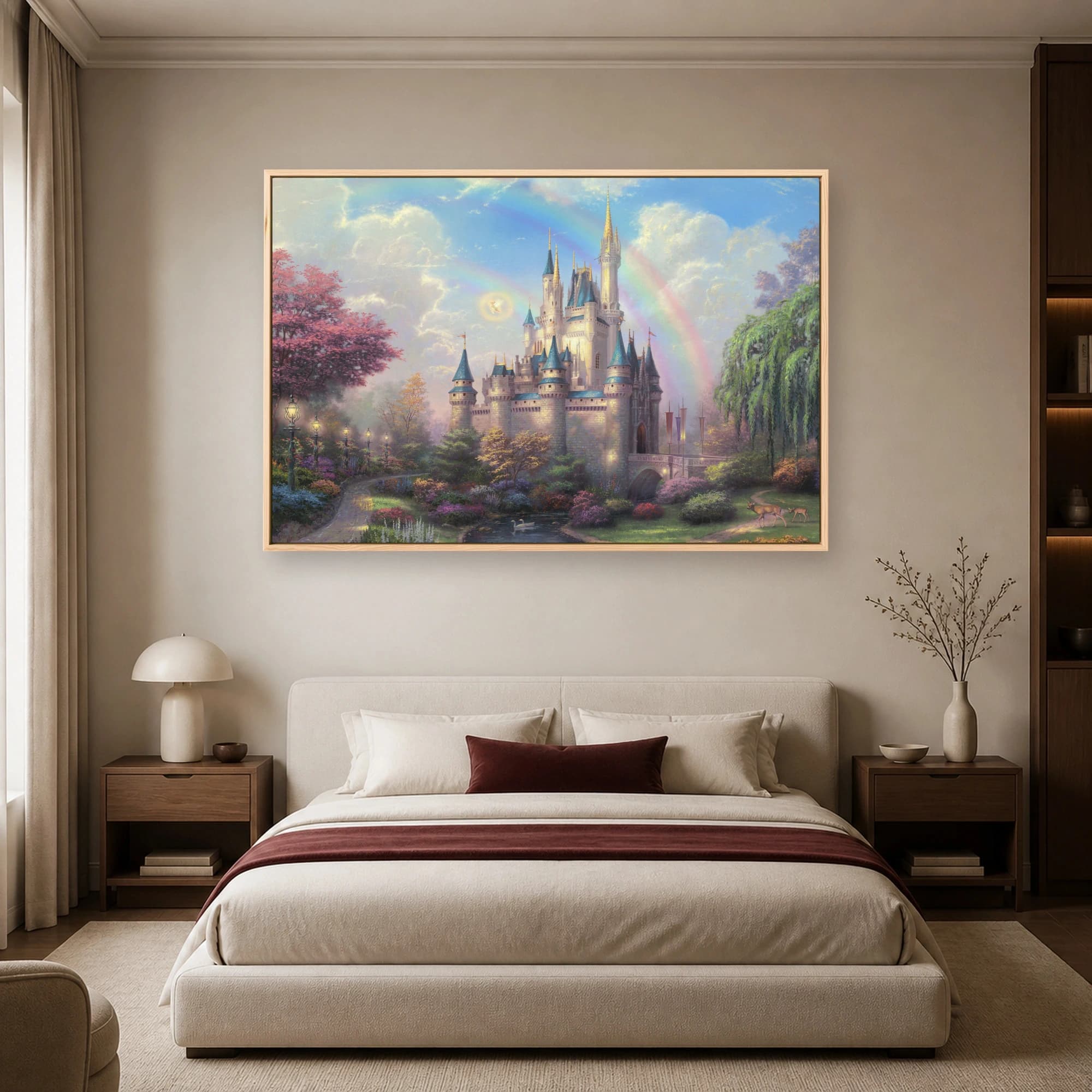 Fairytale Castle Landscape with Double Rainbow Canvas Print, view 4