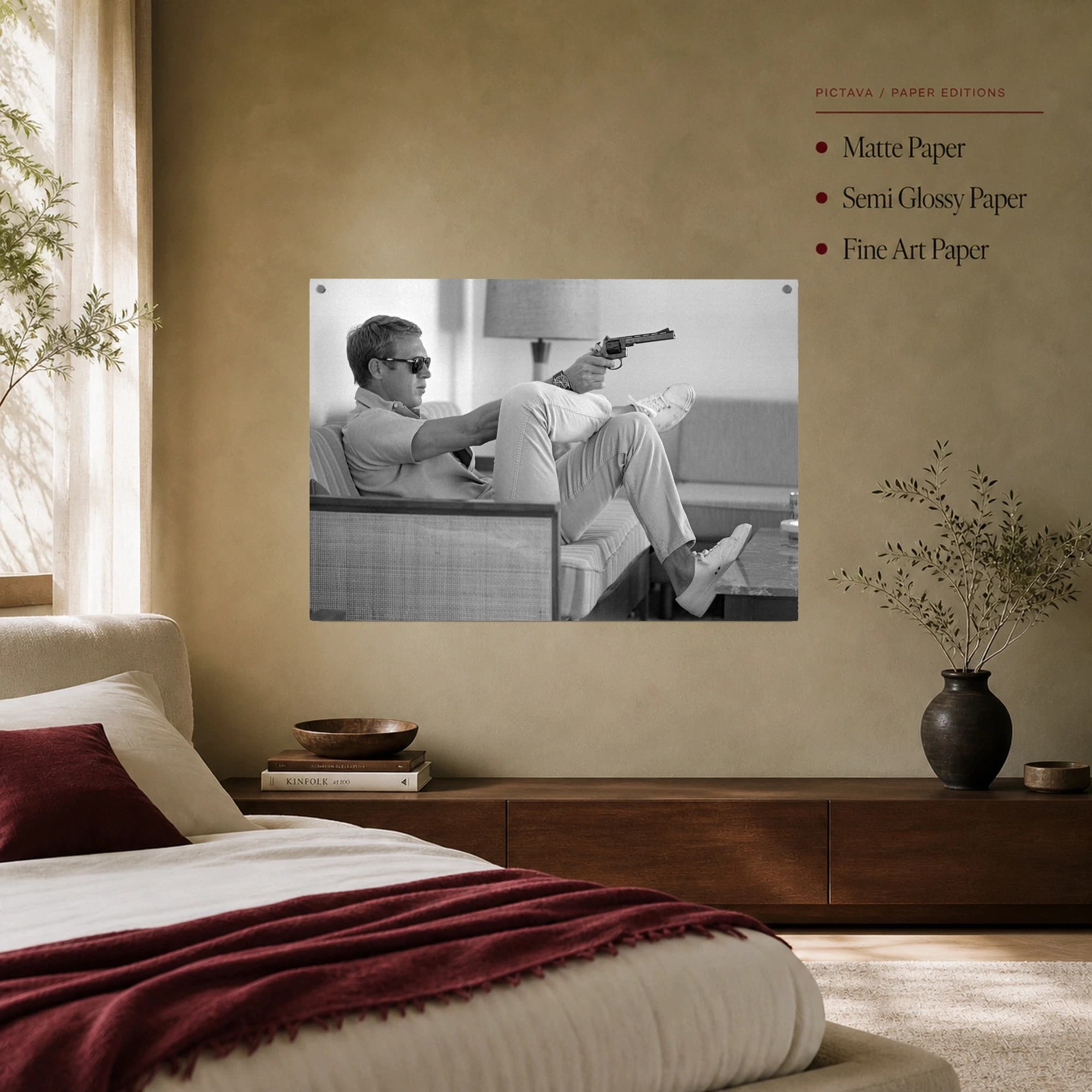 Steve McQueen Casual Gun Pose Black and White Photography Wall Art, view 8