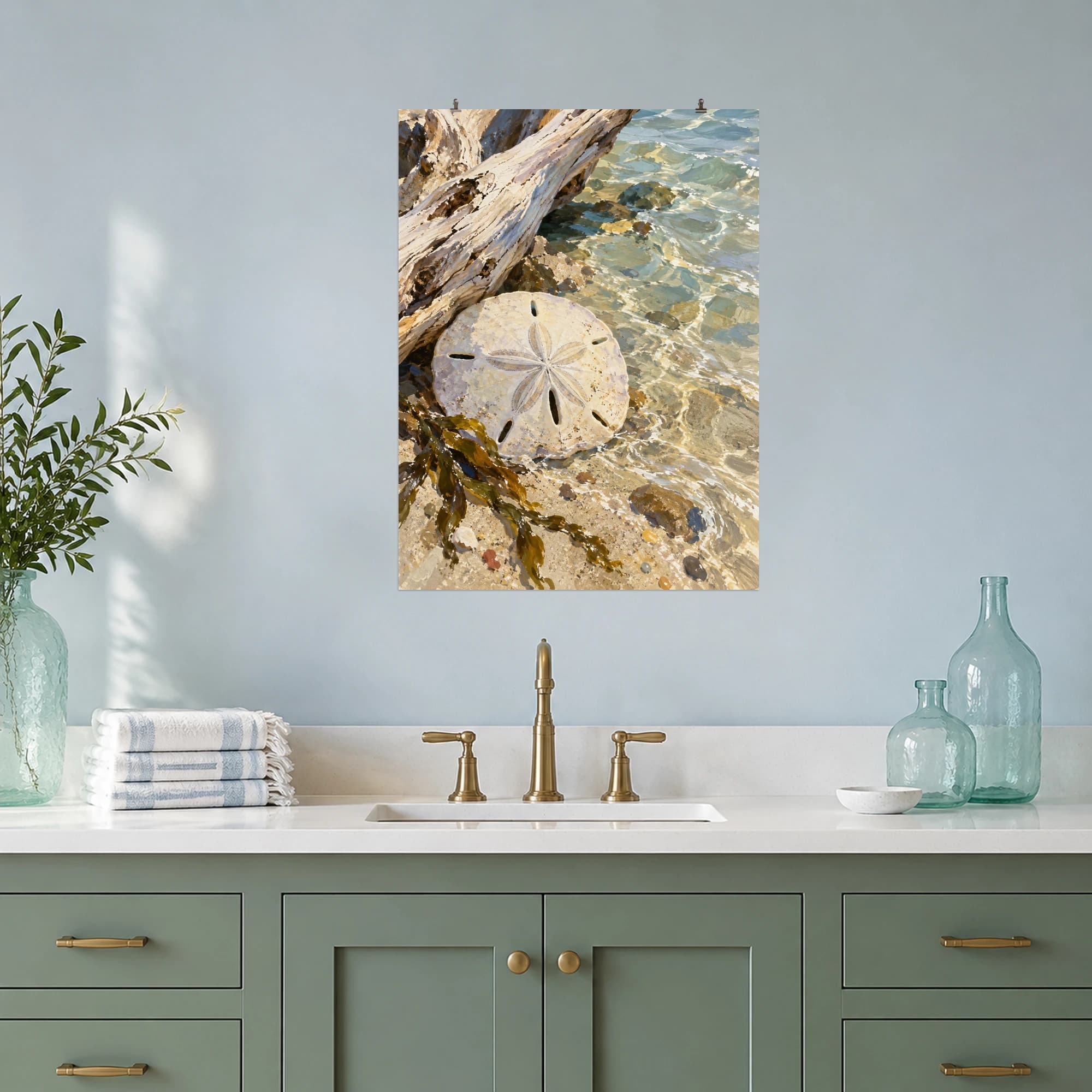 This gouache-style composition features a pale sand dollar beside sun bleached driftwood and translucent shallow water. Expressive brushwork and carefully balanced color bring a distinctive focal point to your wall.