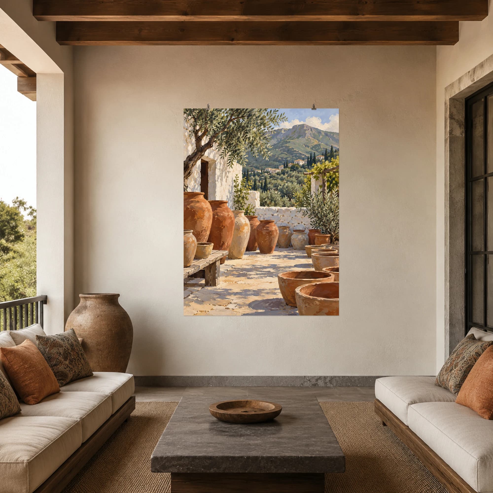 This gouache-style composition features a quiet pottery yard with clay jars drying beside a white stone wall and distant olive green mountain slopes. Expressive brushwork and a balanced palette bring warmth and character to your space.