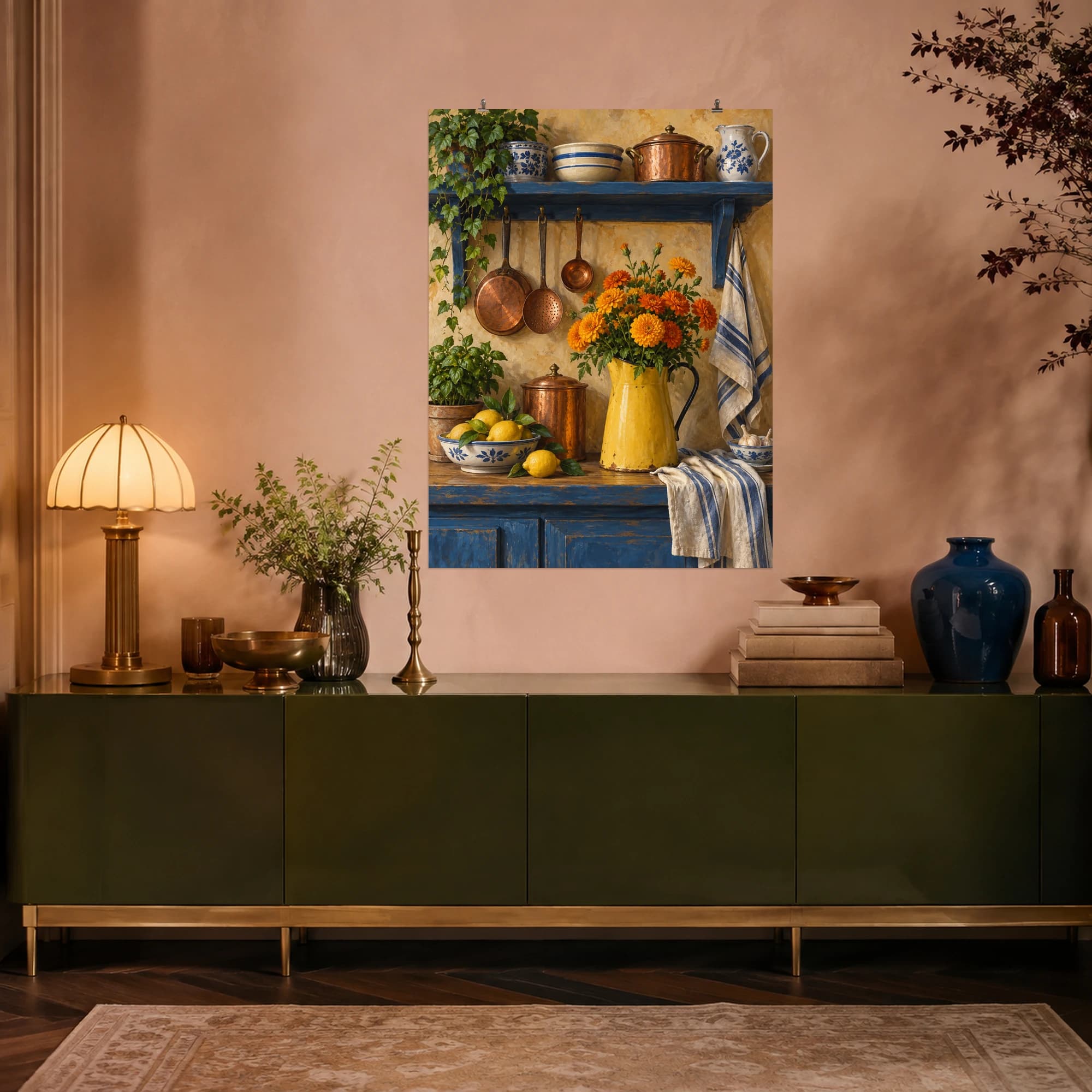 A blue kitchen shelf holds copper utensils and a yellow jug of marigolds. Warm metallic tones and bright flowers bring a welcoming farmhouse character to the scene.