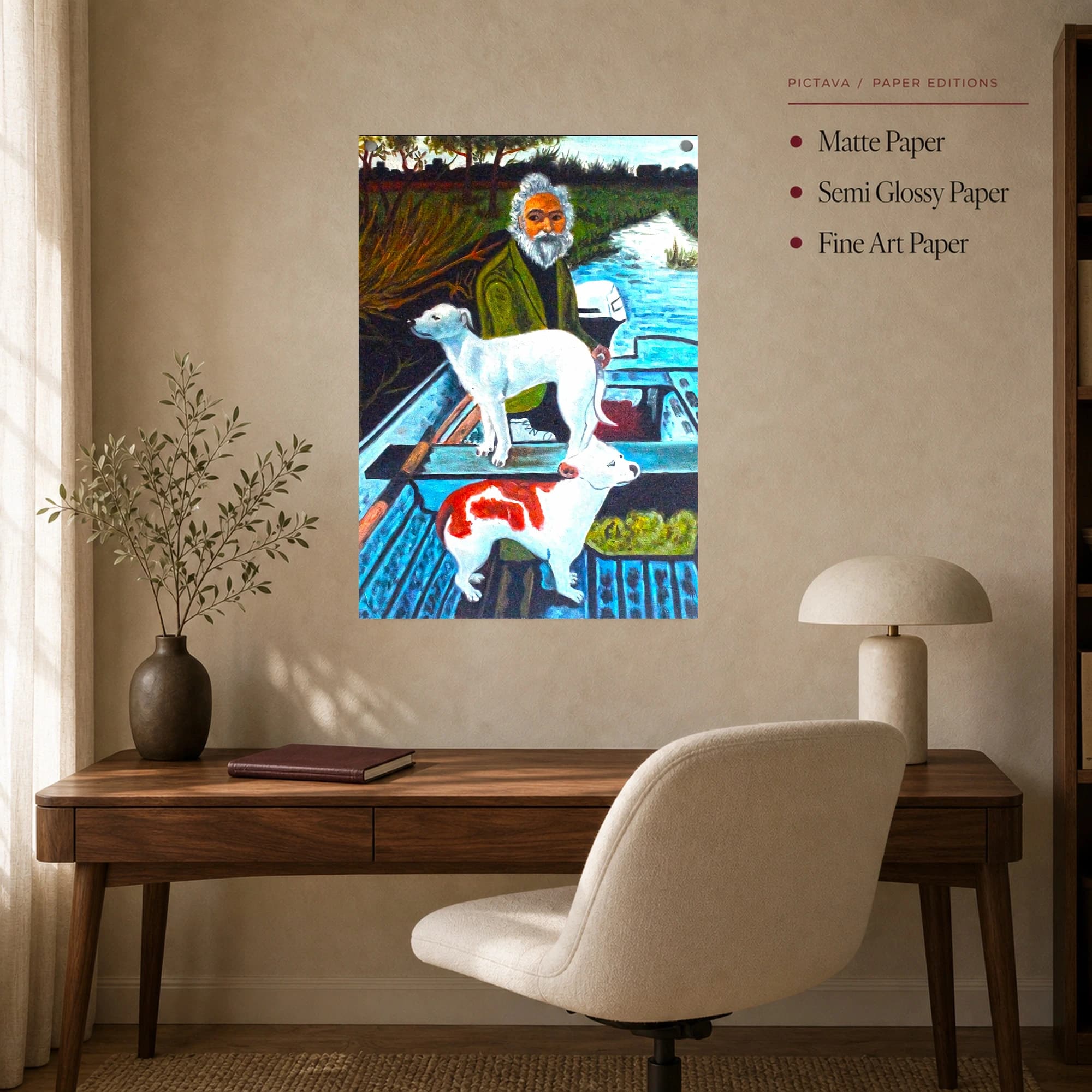 Man and Dogs on a Blue Boat Folk Art Canvas Print, view 7