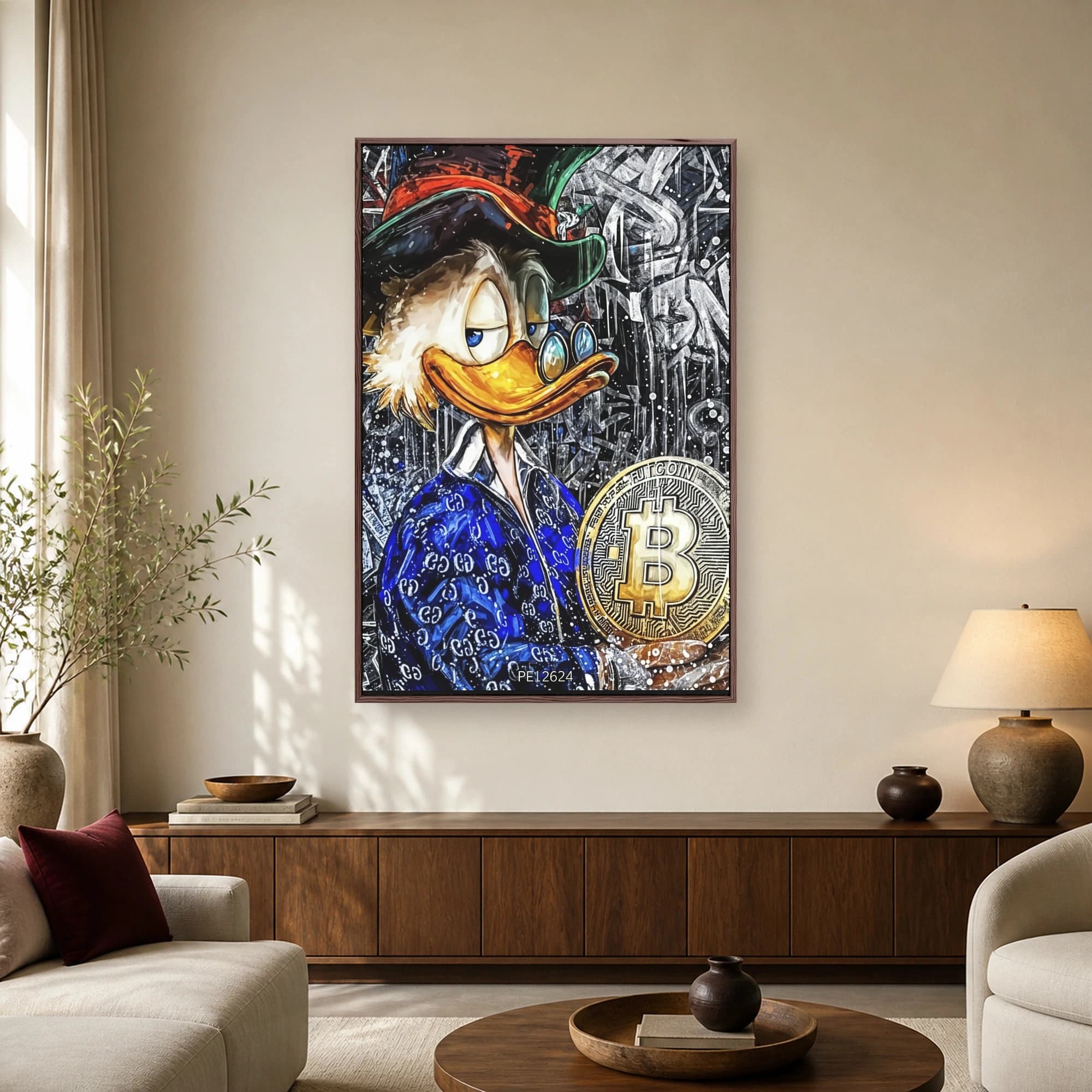 Pop art canvas print featuring a wealthy cartoon duck in a blue designer jacket holding a glowing golden Bitcoin against a graffiti background