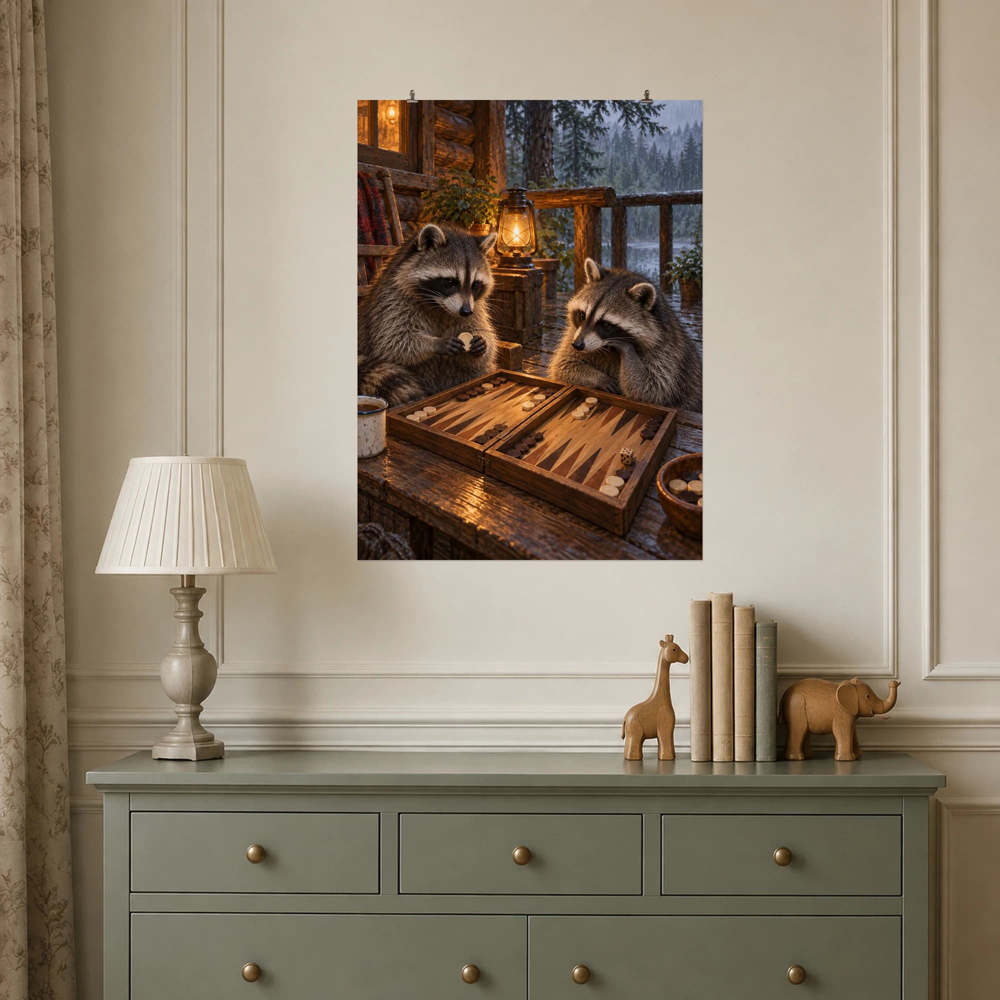 Two curious raccoons gather around a backgammon board on a warmly lit woodland cabin porch.