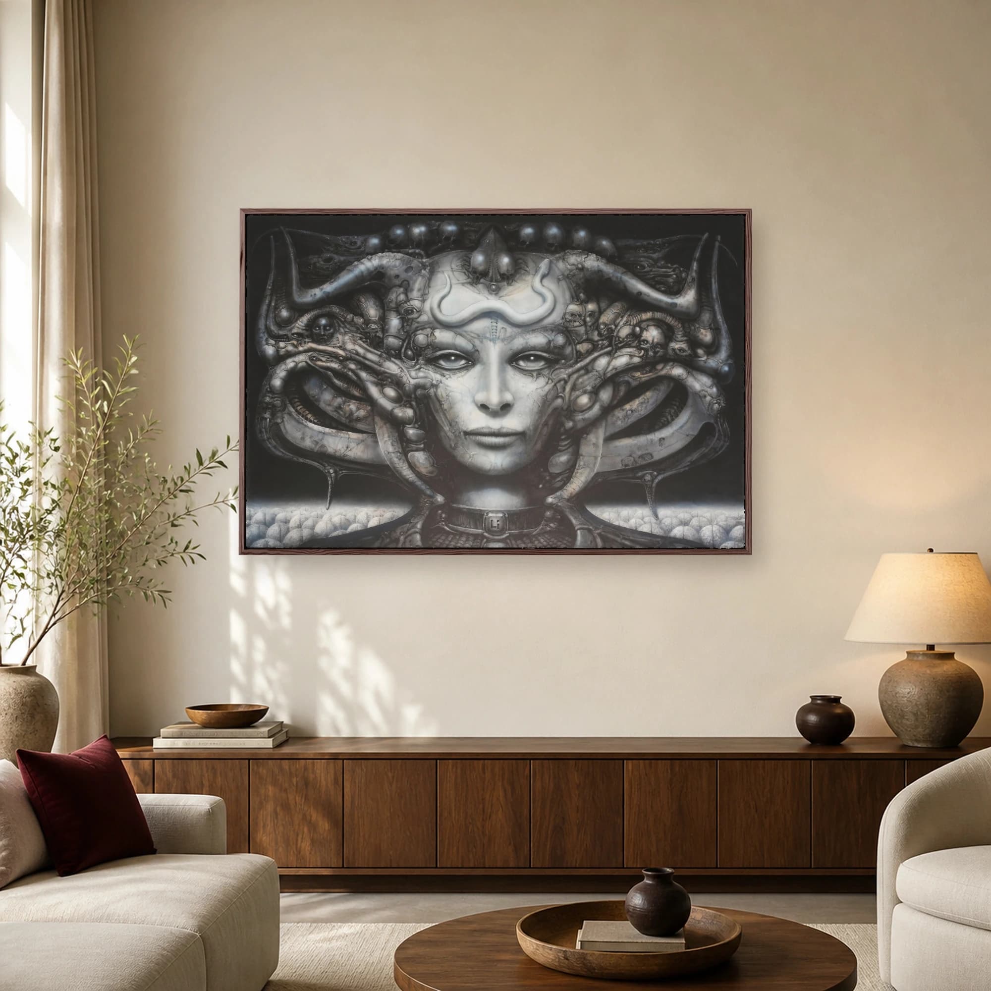 Monochromatic surrealist portrait of a humanoid female face intricately intertwined with biomechanical tubes and skeletal forms against a dark background.