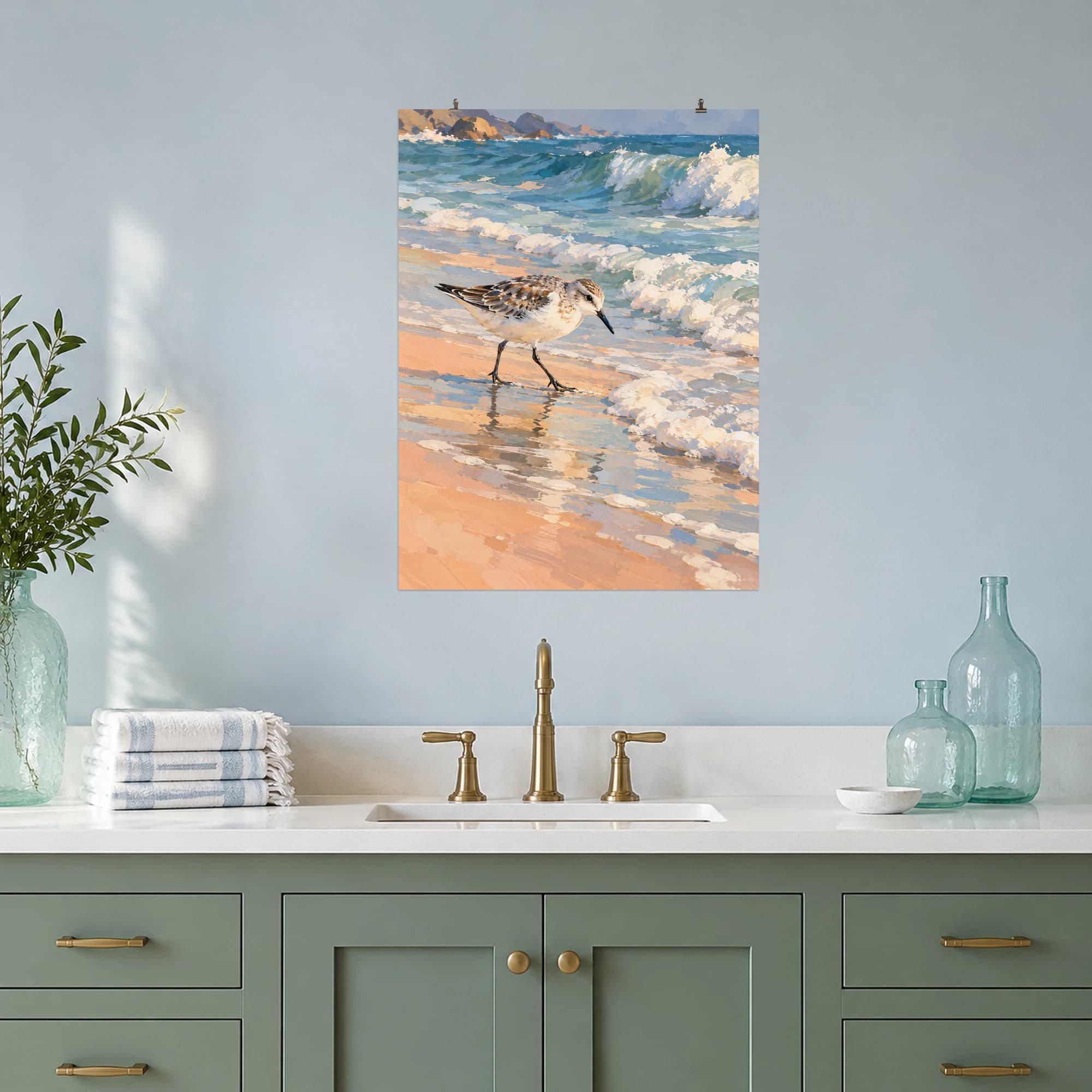 This gouache-style composition features a small sandpiper stepping along a foamy shoreline with pale peach sand and soft sea blue reflections. Expressive brushwork and carefully balanced color bring a distinctive focal point to your wall.