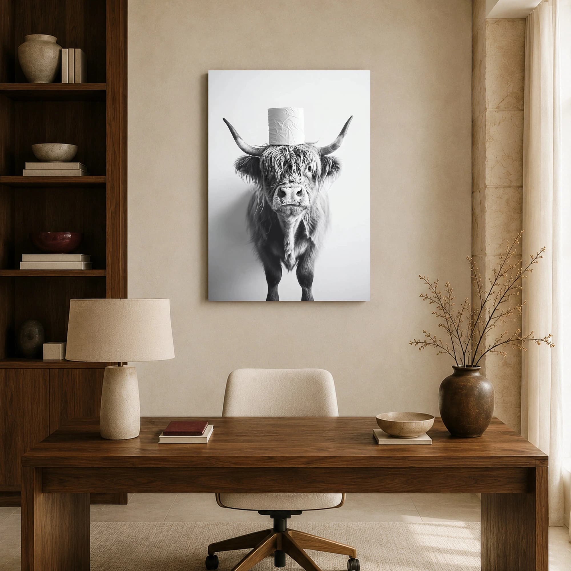 Highland Cow with Toilet Paper Roll Monochrome Wall Art, view 8