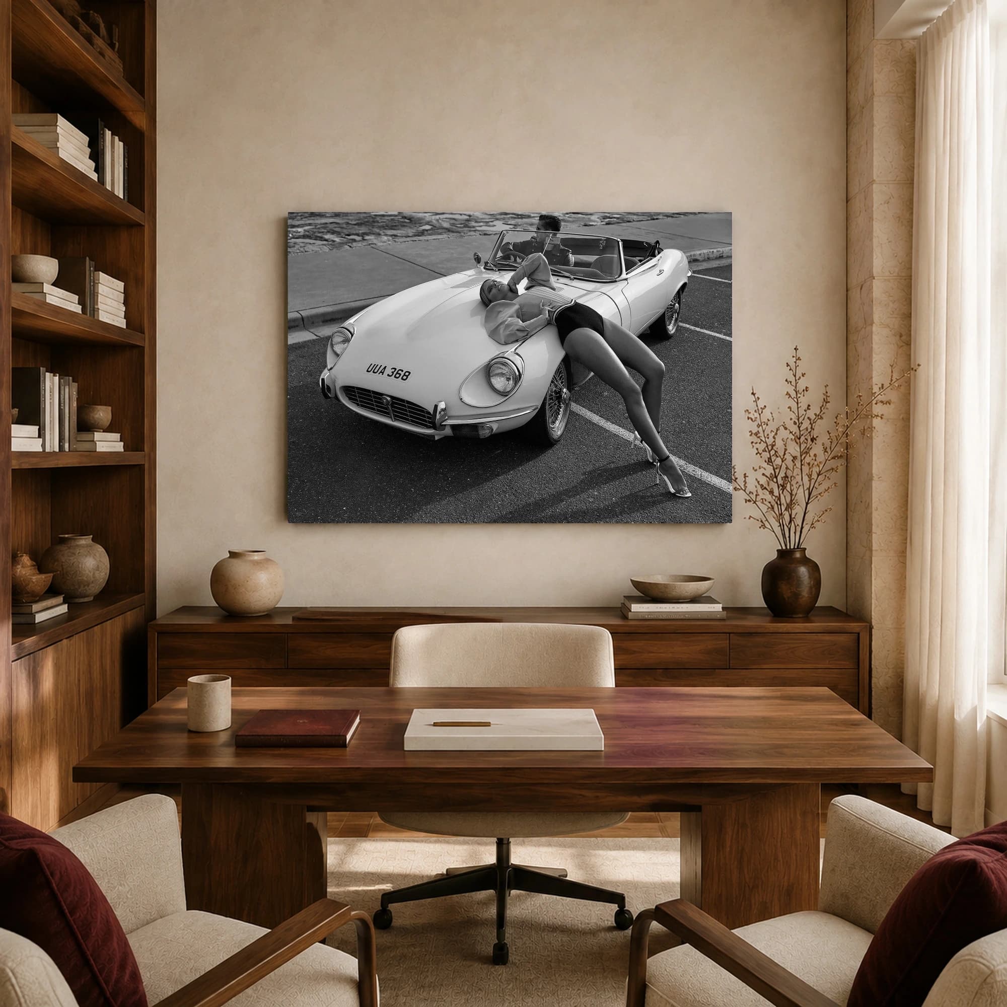 Vintage Sports Car and Fashion Model Black and White Art Print, view 8