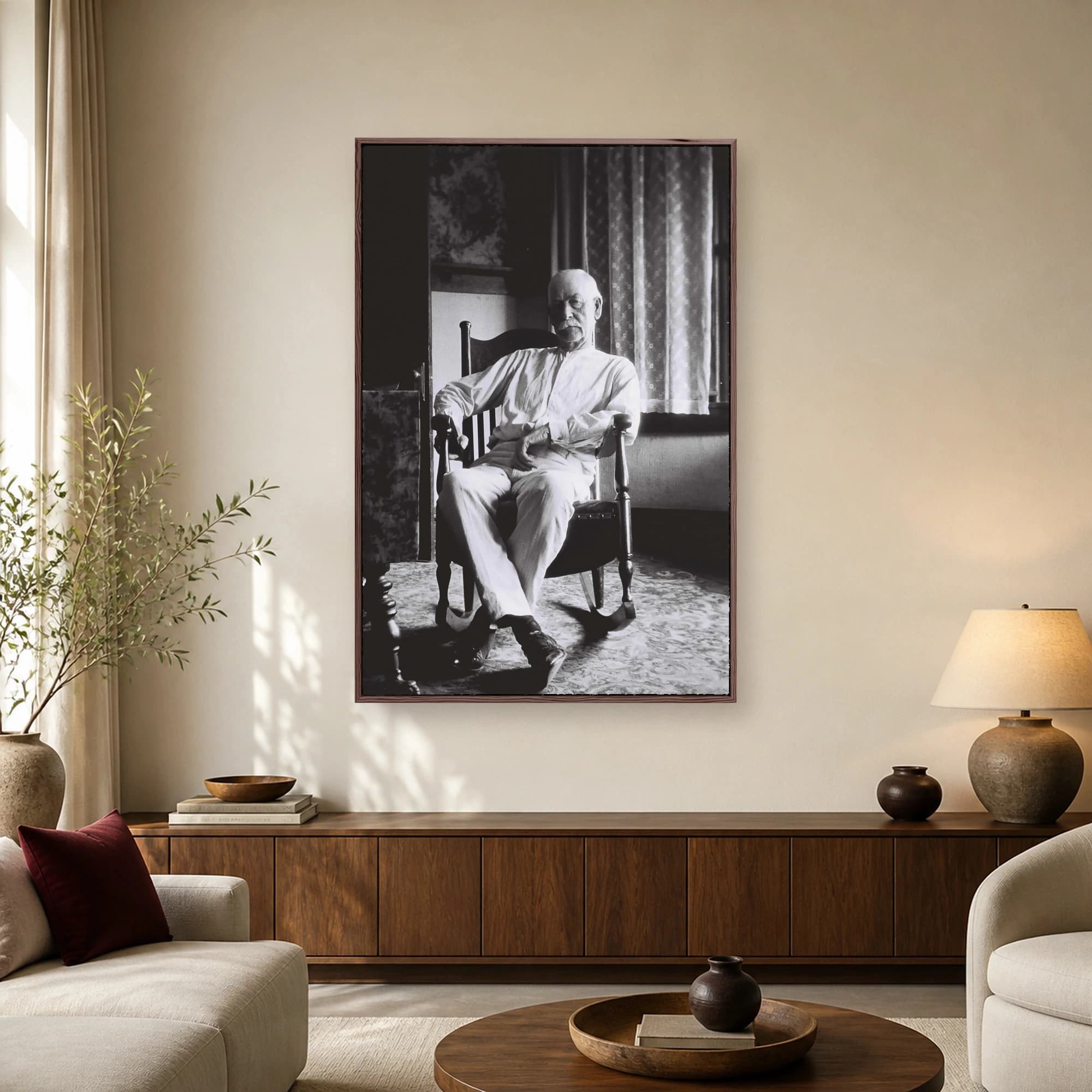 Vintage black and white photograph of an elderly man with a mustache seated in a wooden rocking chair inside a historic room.
