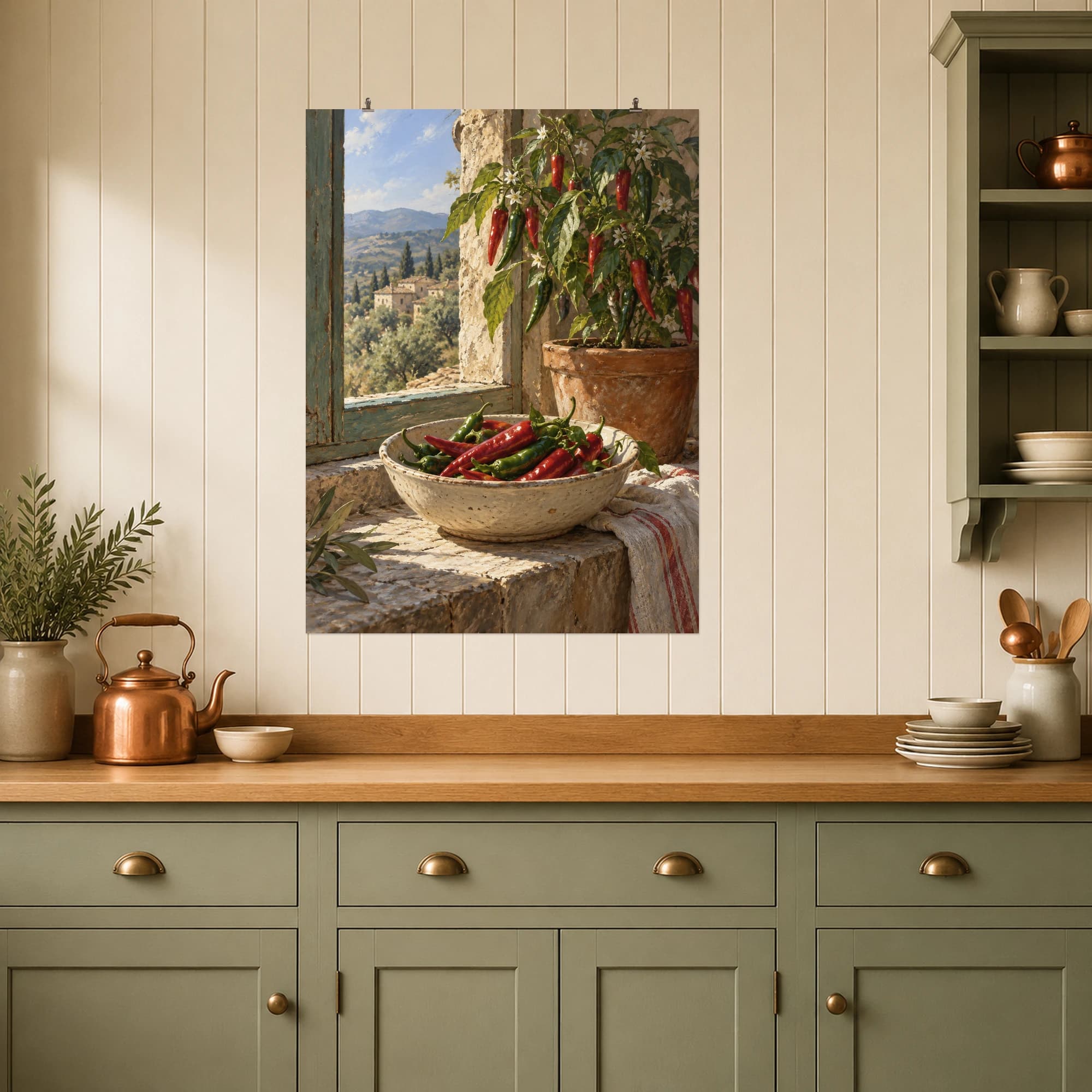 Red and green chilies gather in a bowl beside a potted pepper plant. Window light brings out their bright color against worn kitchen surfaces.