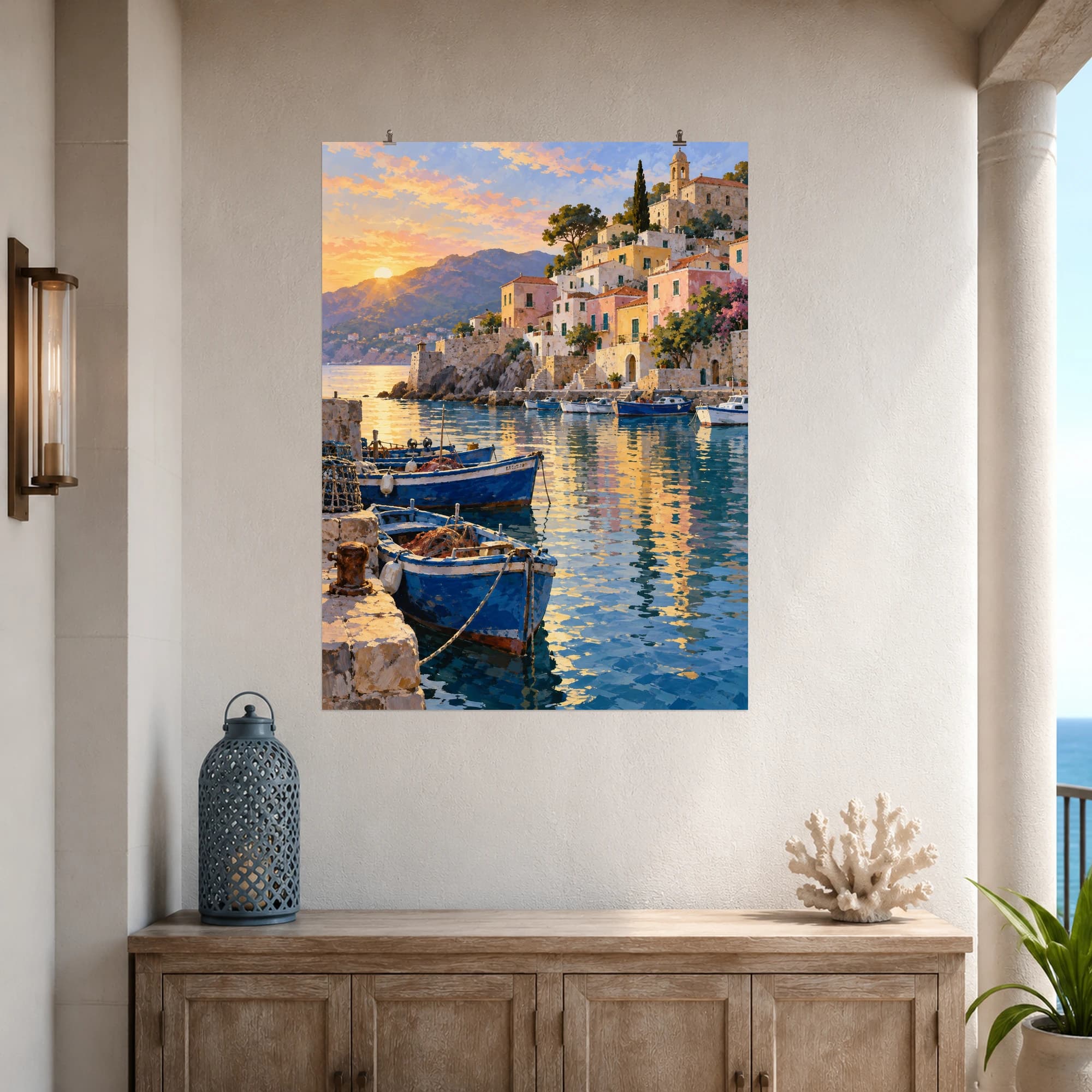 This gouache-style composition features a small fishing harbor with cobalt boats, stacked pastel houses and golden reflections at first light. Expressive brushwork and carefully balanced color bring a distinctive focal point to your wall.