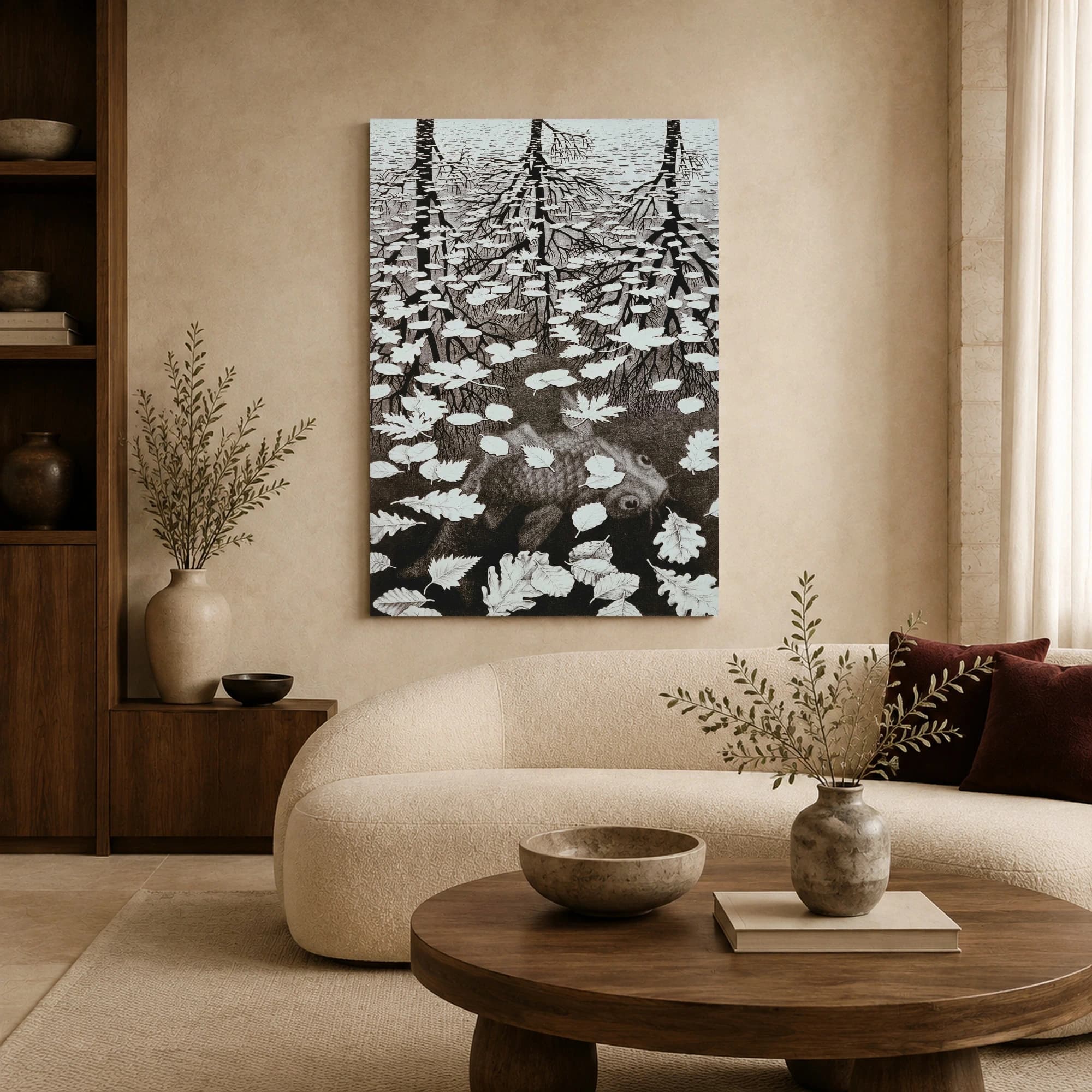 Surreal Monochrome Optical Illusion Tree and Fish Art Print, view 5