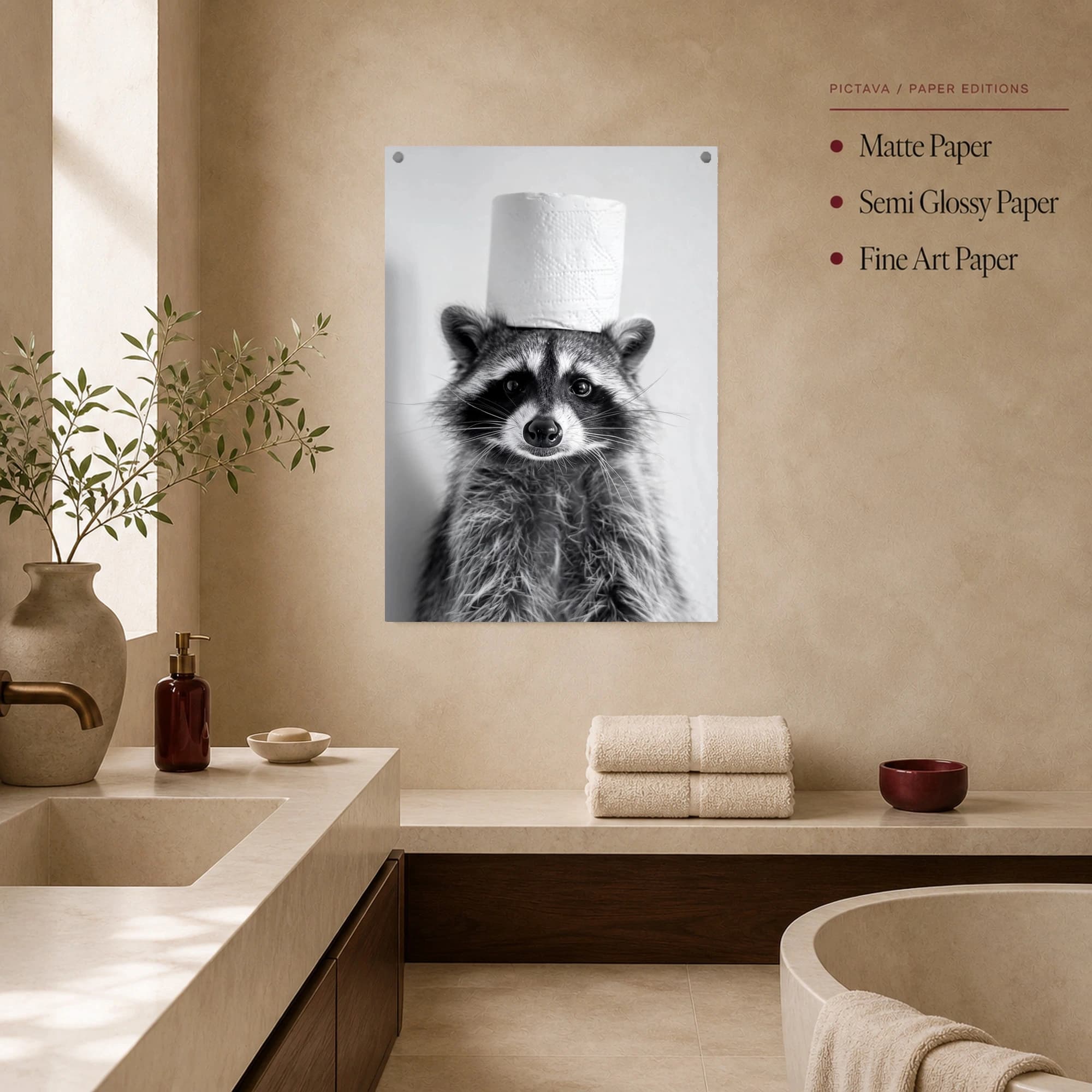 Curious Raccoon Wearing Toilet Paper Hat Black and White Print, view 3