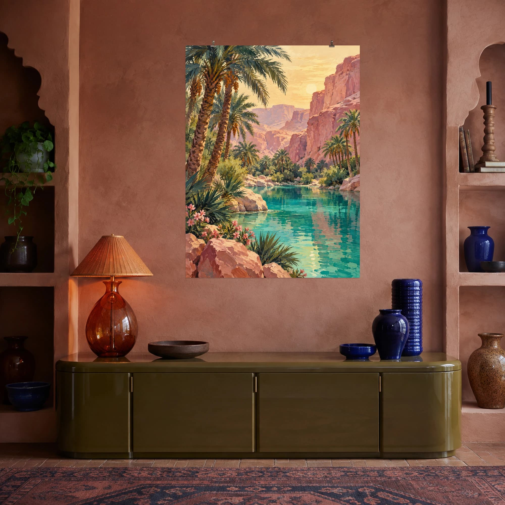 This gouache-style composition features turquoise oasis framed by date palms and pink sandstone cliffs under a pale gold sky. Expressive brushwork and carefully balanced color bring a distinctive focal point to your wall.