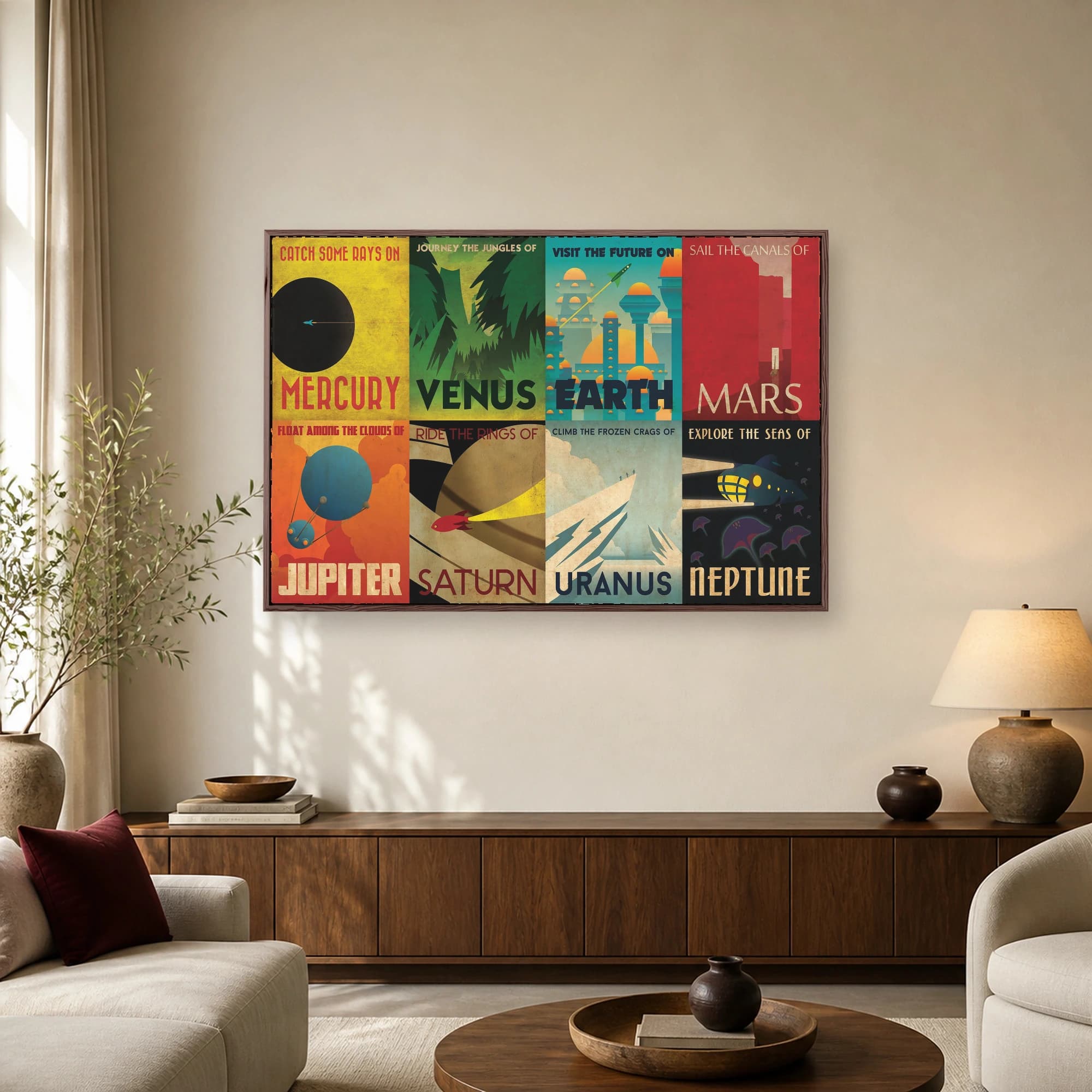 An eight-panel grid of retro sci-fi travel posters depicting planets in our solar system with vintage typography and vibrant illustrations.
