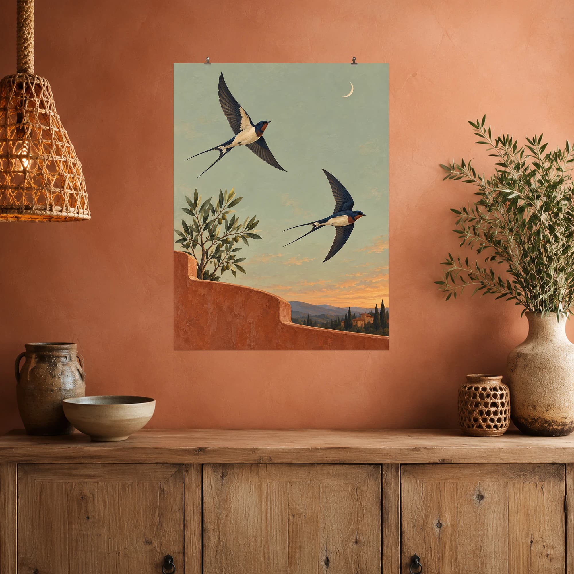 Two swallows sweep above a terracotta courtyard beneath a pale crescent moon. Open sage skies, an olive tree and distant hills give this airy composition a gentle sense of movement.