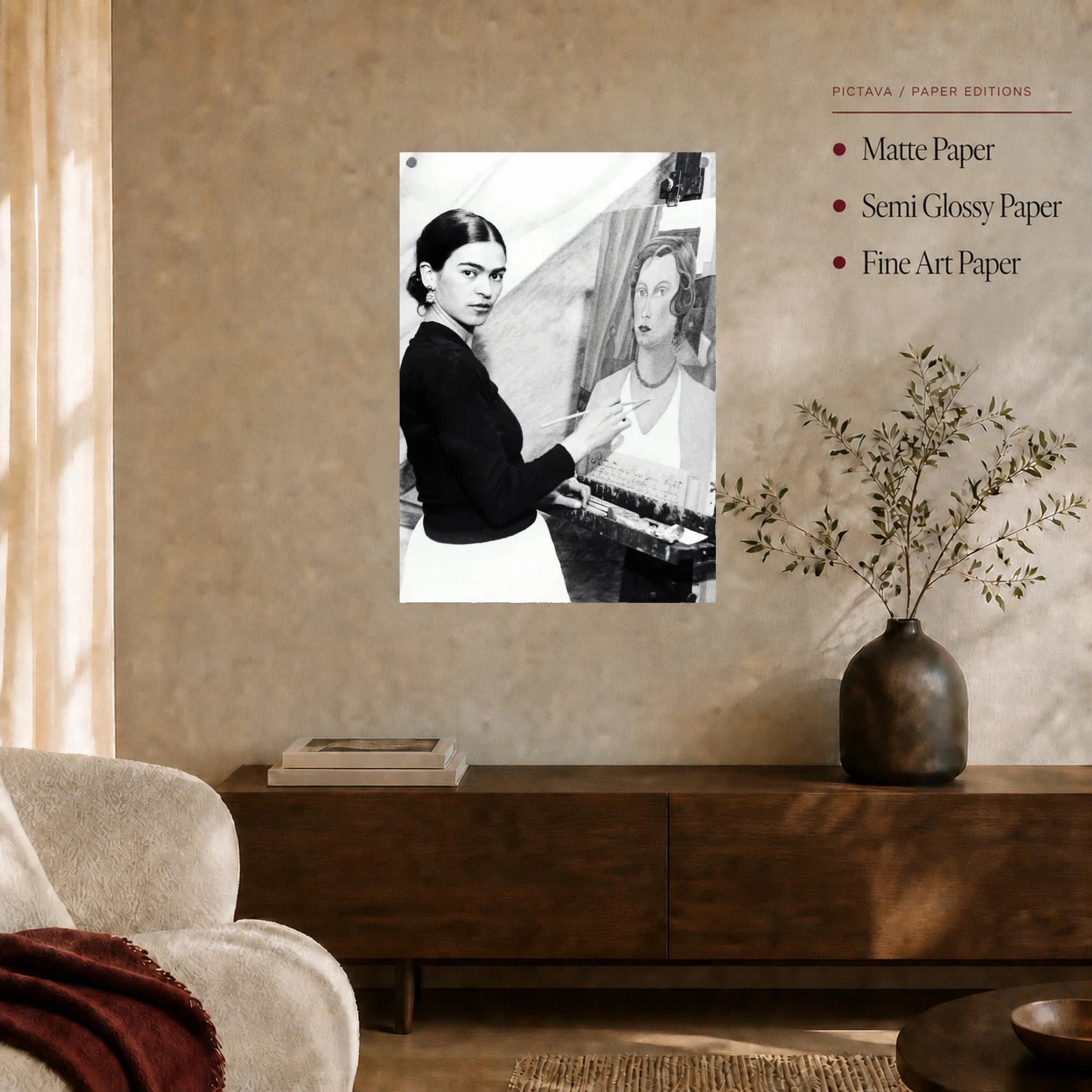 Frida Kahlo Painting in Studio Black and White Canvas Print, view 7