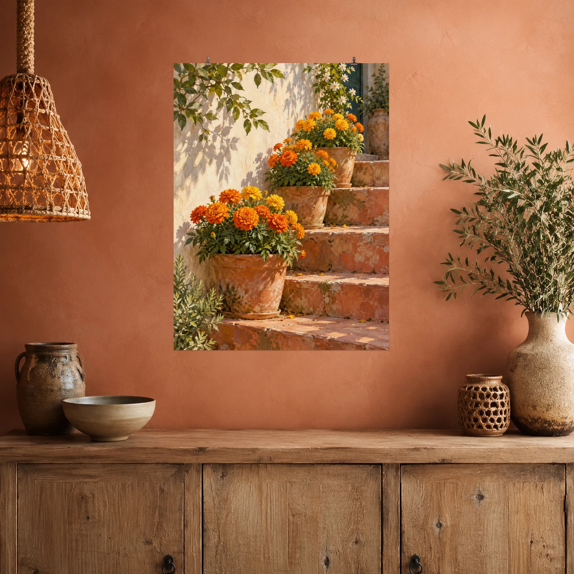 Pots of golden and orange marigolds brighten terracotta steps. Sunlight and warm masonry give the garden scene a cheerful Mediterranean feel.