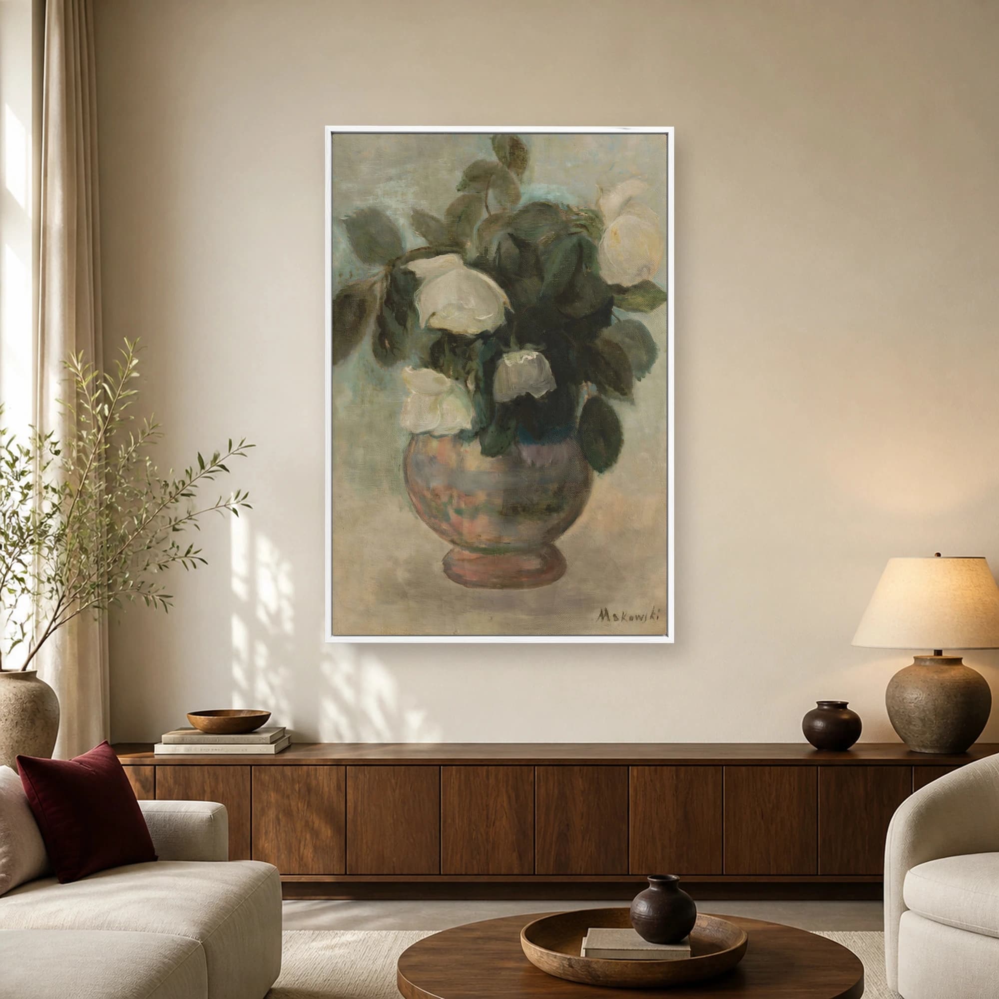 White Roses in Ceramic Vase Vintage Floral Fine Art Print, view 2
