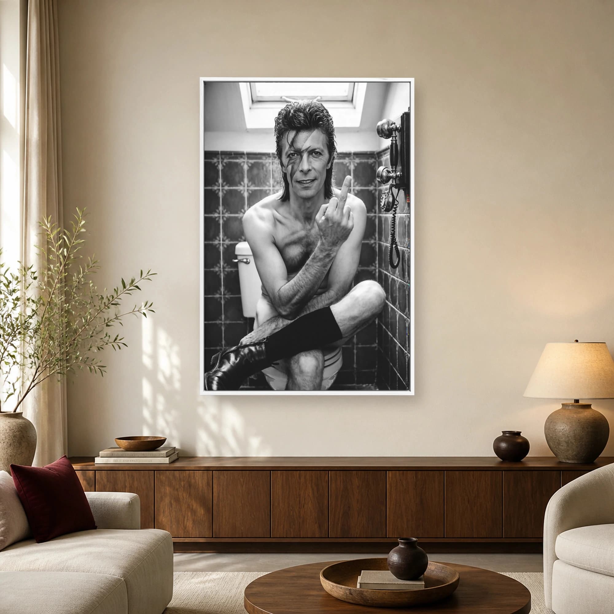 David Bowie Restroom Middle Finger Black and White Canvas Art, view 2