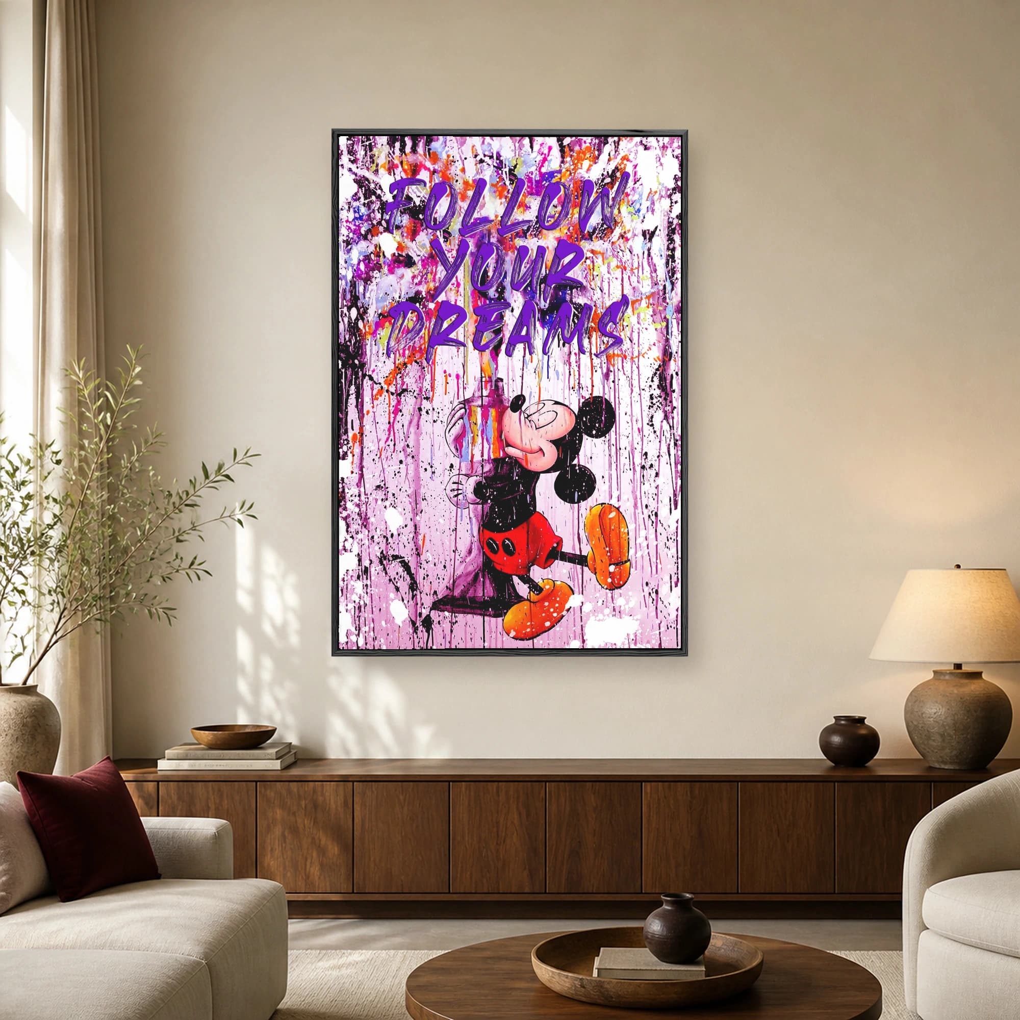 Mickey Mouse character illustration surrounded by colorful paint drips and bold purple typography reading Follow Your Dreams