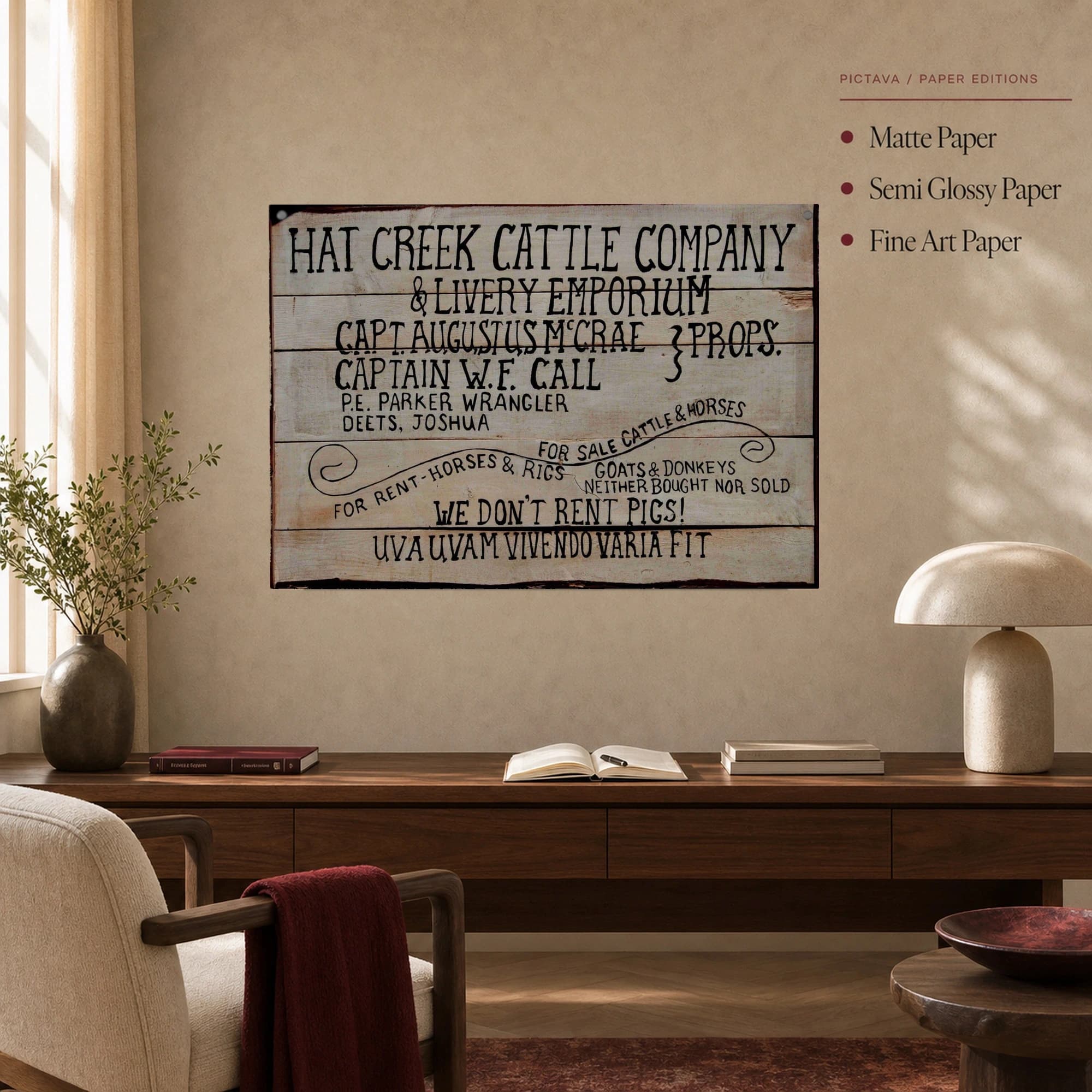 Lonesome Dove Hat Creek Cattle Company Sign Canvas Print, view 5