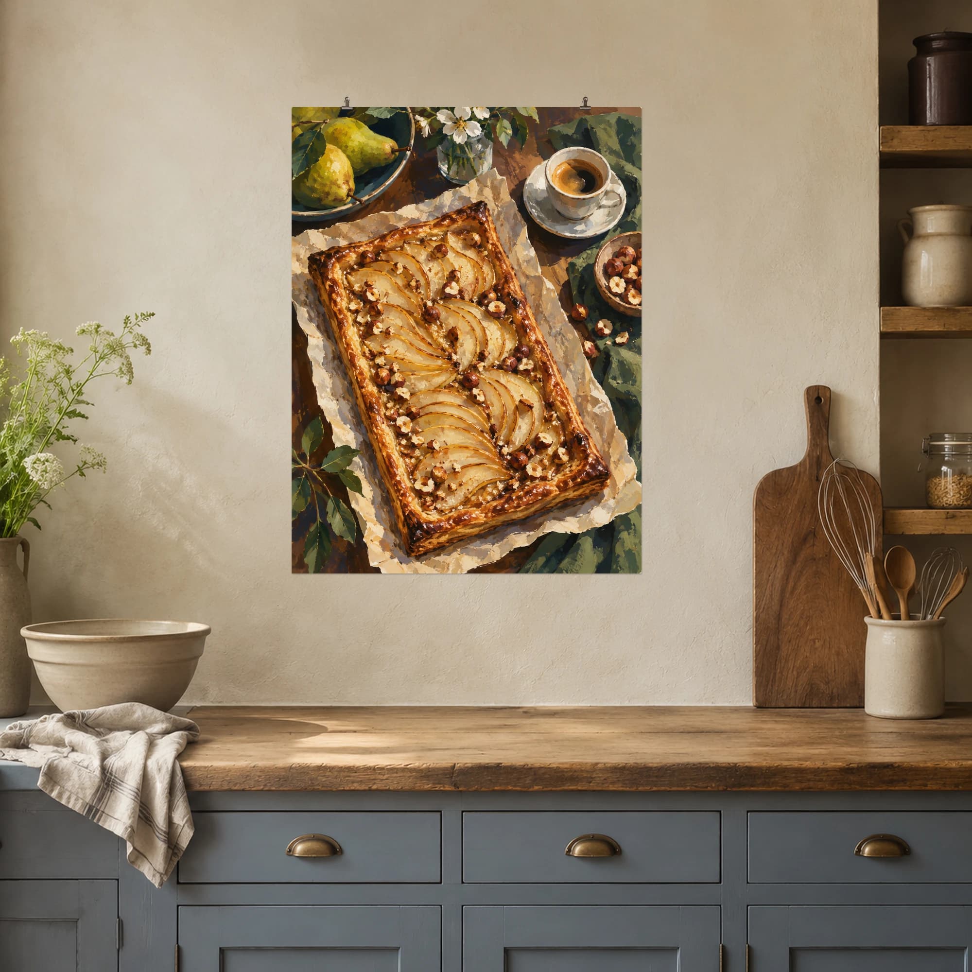 This gouache-style composition features a rectangular pear tart with fanned pear slices and toasted hazelnuts on parchment beside a tiny espresso cup. Expressive brushwork and a balanced palette bring warmth and character to your space.