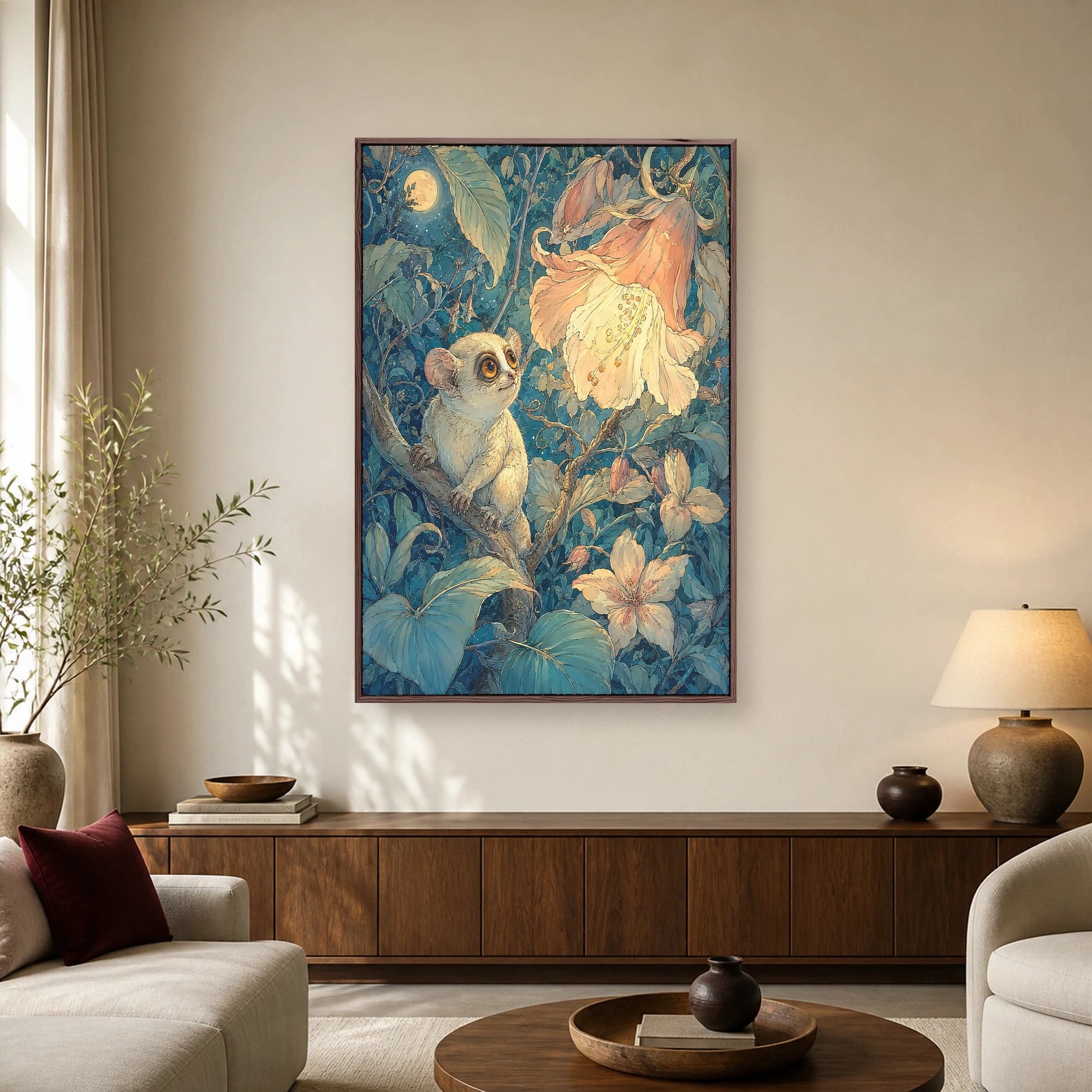 A whimsical vertical illustration of a small tarsier on a branch looking up at a large glowing flower under a crescent moon in a dark teal forest.