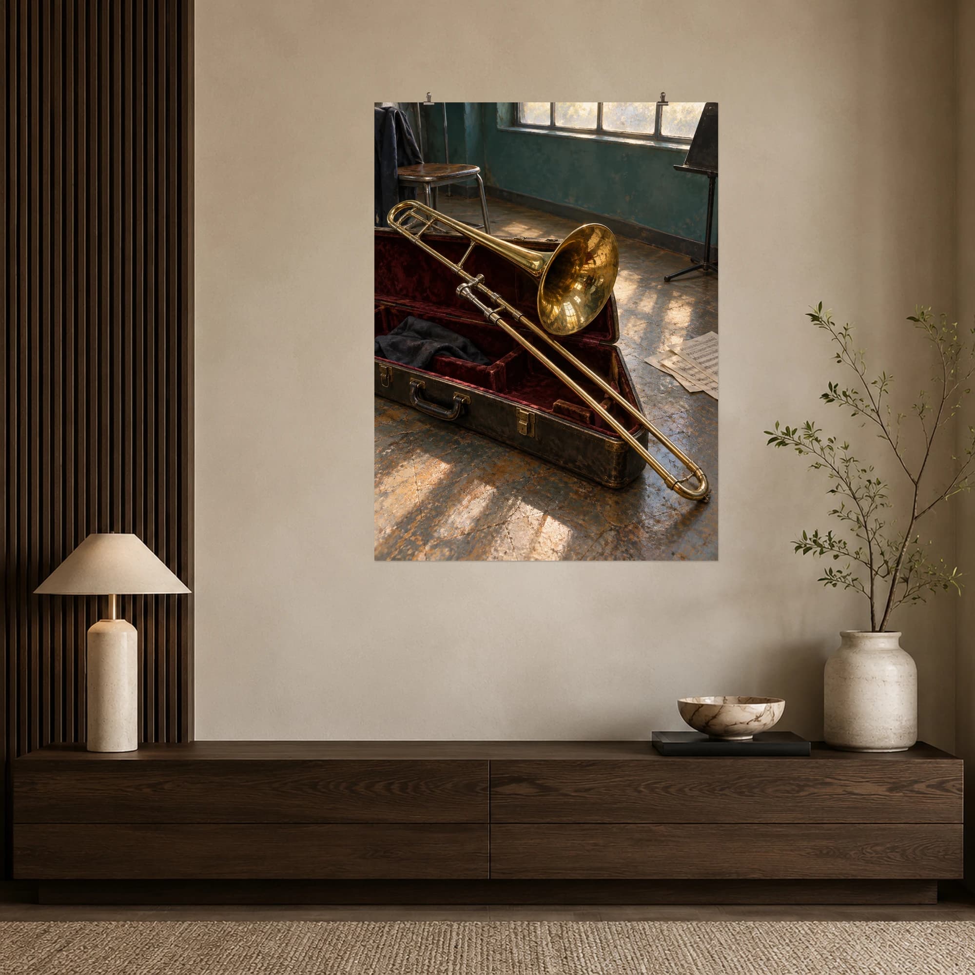 A brass trombone catches afternoon light in its burgundy velvet case, bringing a warm rehearsal-room atmosphere to your wall.