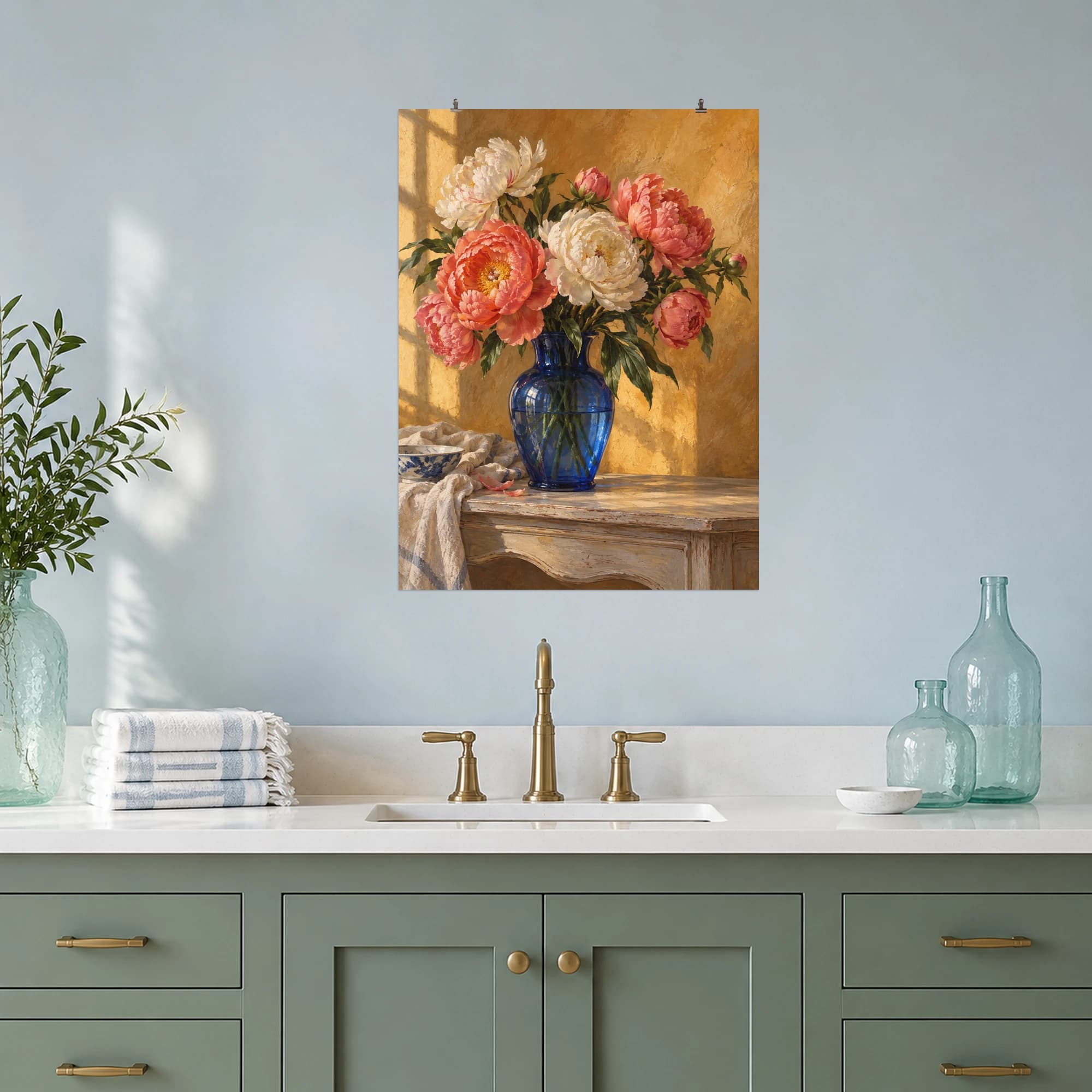 Coral and cream peonies spill from a cobalt glass vase against a warm ochre wall.