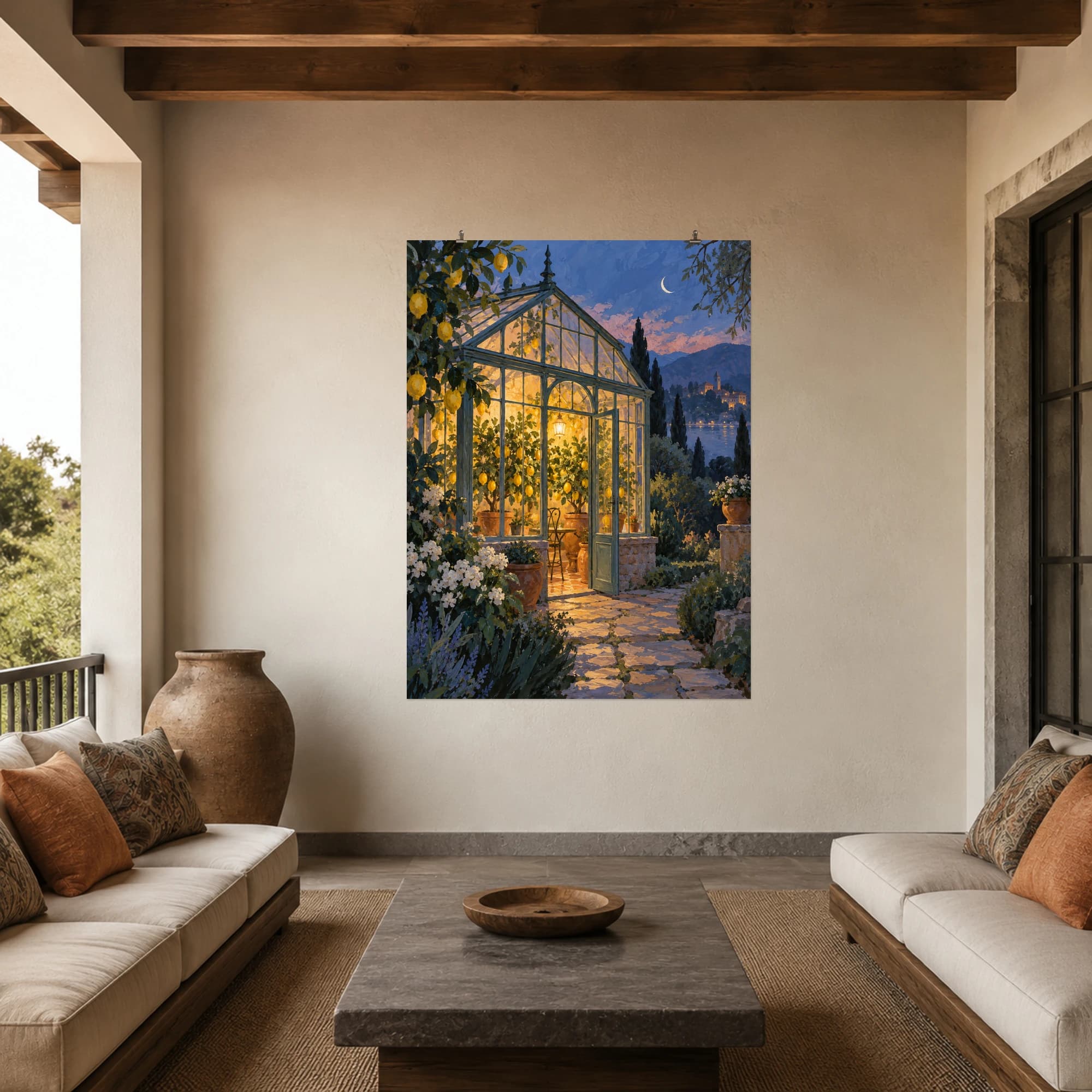 This gouache-style composition features a small glass conservatory sheltering lemon trees at twilight, warm light glowing from inside and a cool blue garden beyond. Expressive brushwork and a balanced palette bring warmth and character to your space.