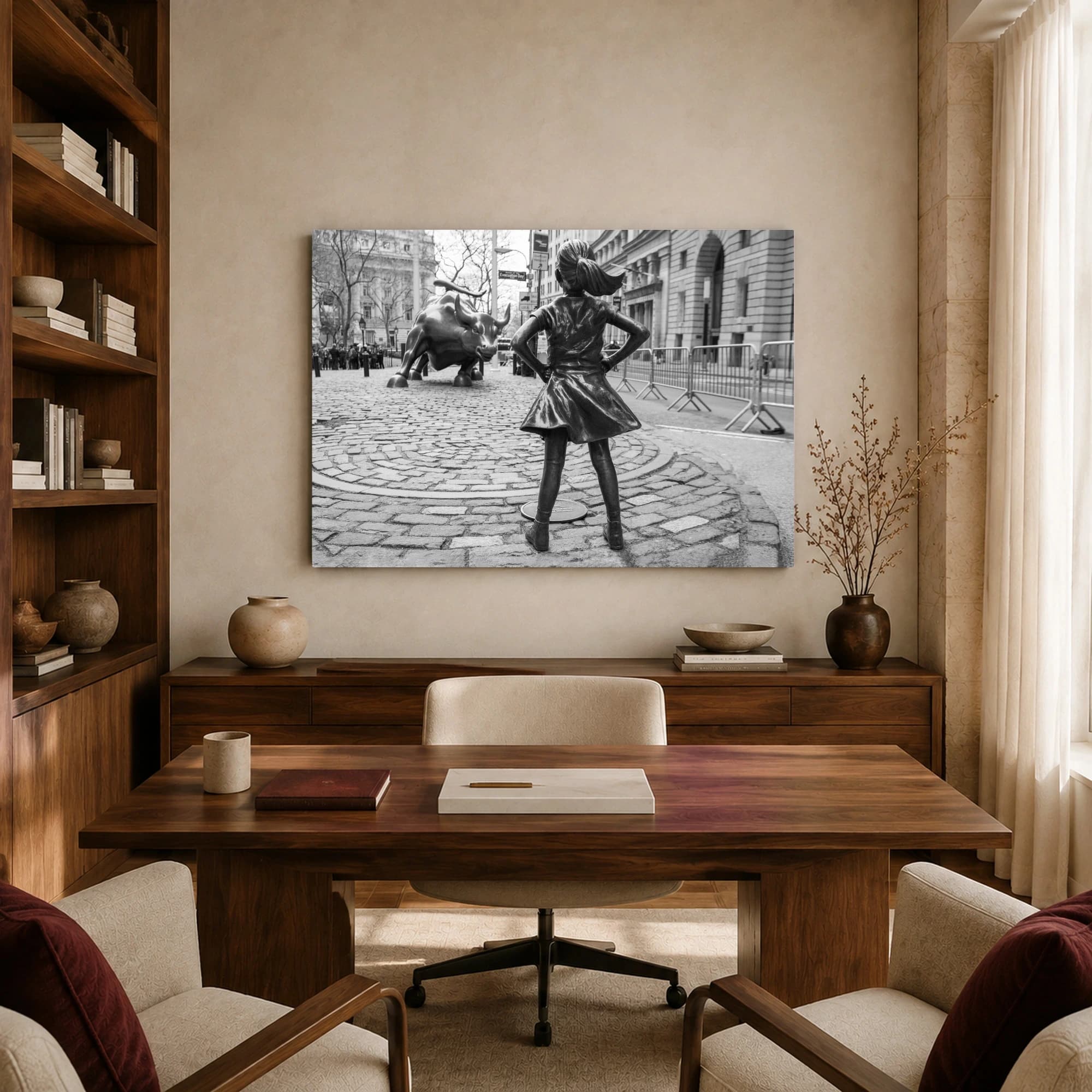 Fearless Girl and Charging Bull Black and White Wall Art Print, view 8