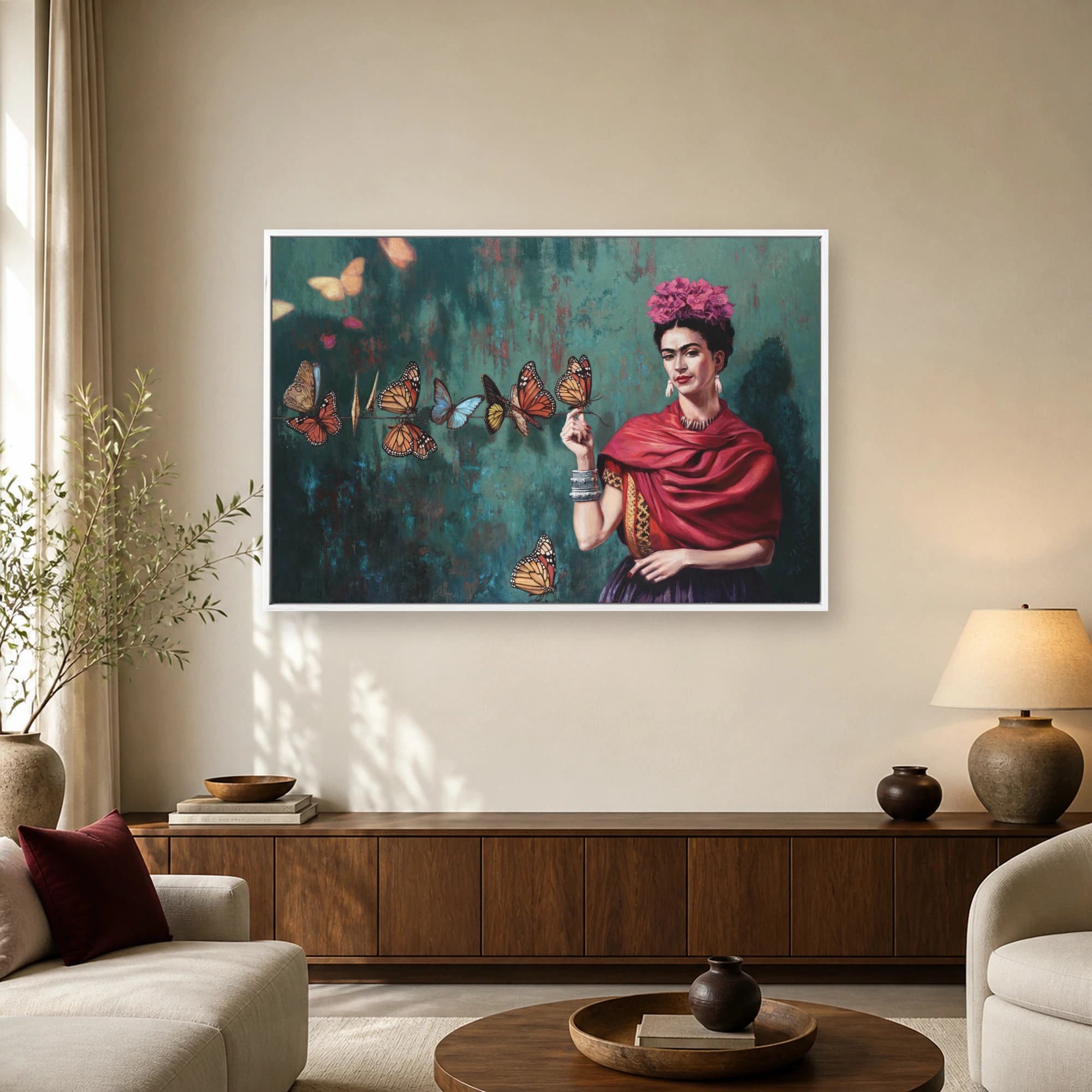 Frida Kahlo Portrait Canvas Print with Monarch Butterflies Wall Art, view 2