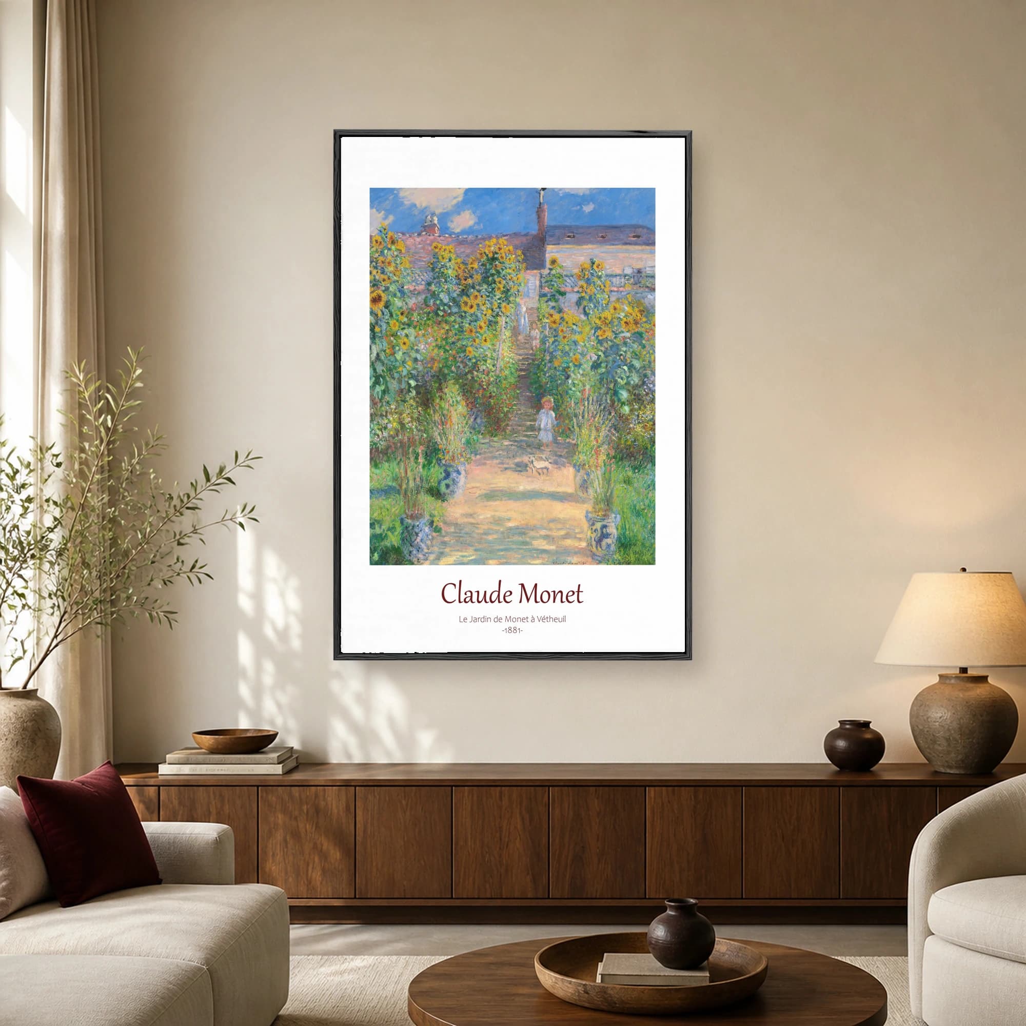 Impressionist painting of a sunlit garden path with tall sunflowers and children by Claude Monet