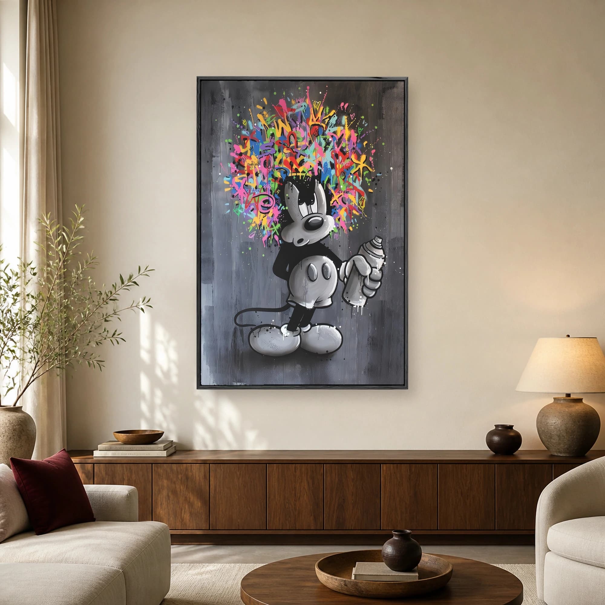 A grayscale cartoon mouse holding a spray paint can with an explosion of colorful neon graffiti and paint splatters forming a dynamic crown above its head.