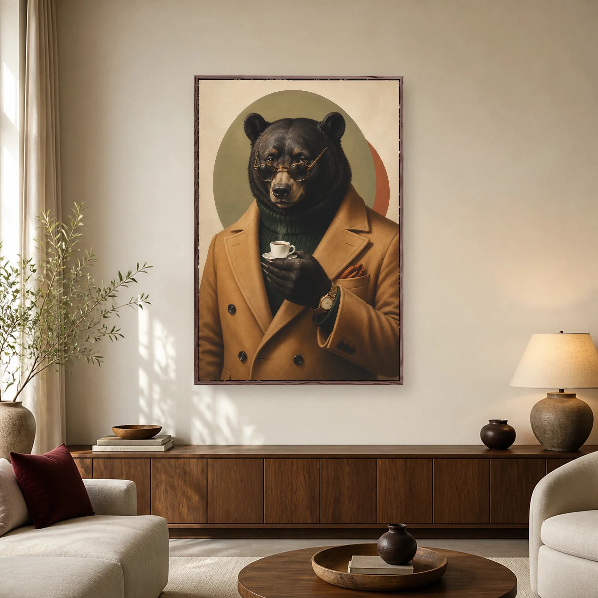 An anthropomorphic black bear wearing tortoise-shell glasses, a green turtleneck, and a camel coat while holding a small espresso cup.