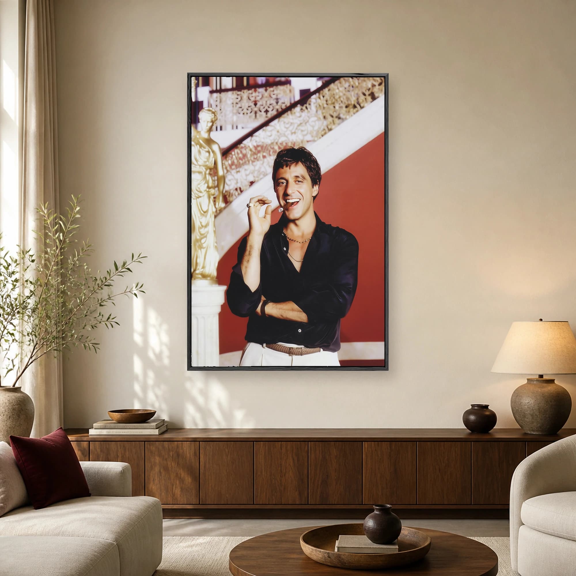 Portrait of Tony Montana with a cigar and gold chain in front of a red wall and grand staircase