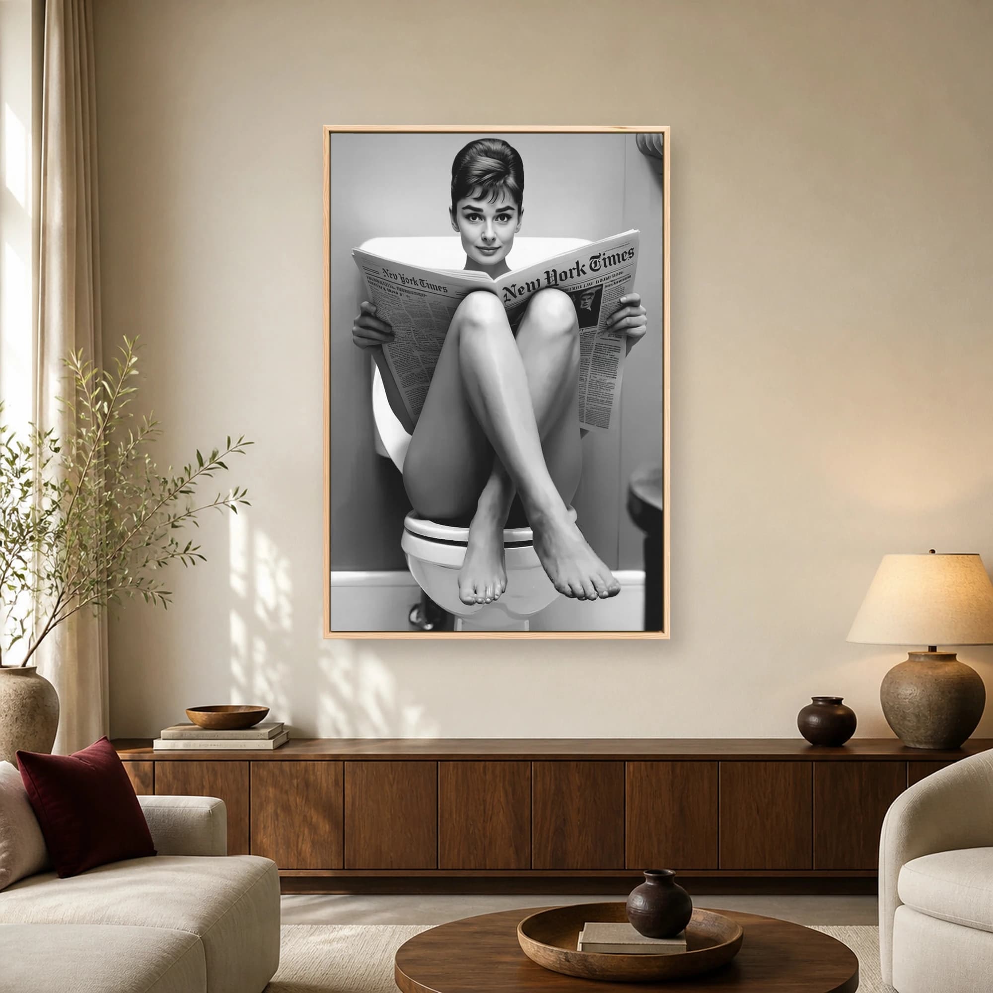 Audrey Hepburn Reading New York Times on Toilet Bathroom Wall Art, view 2