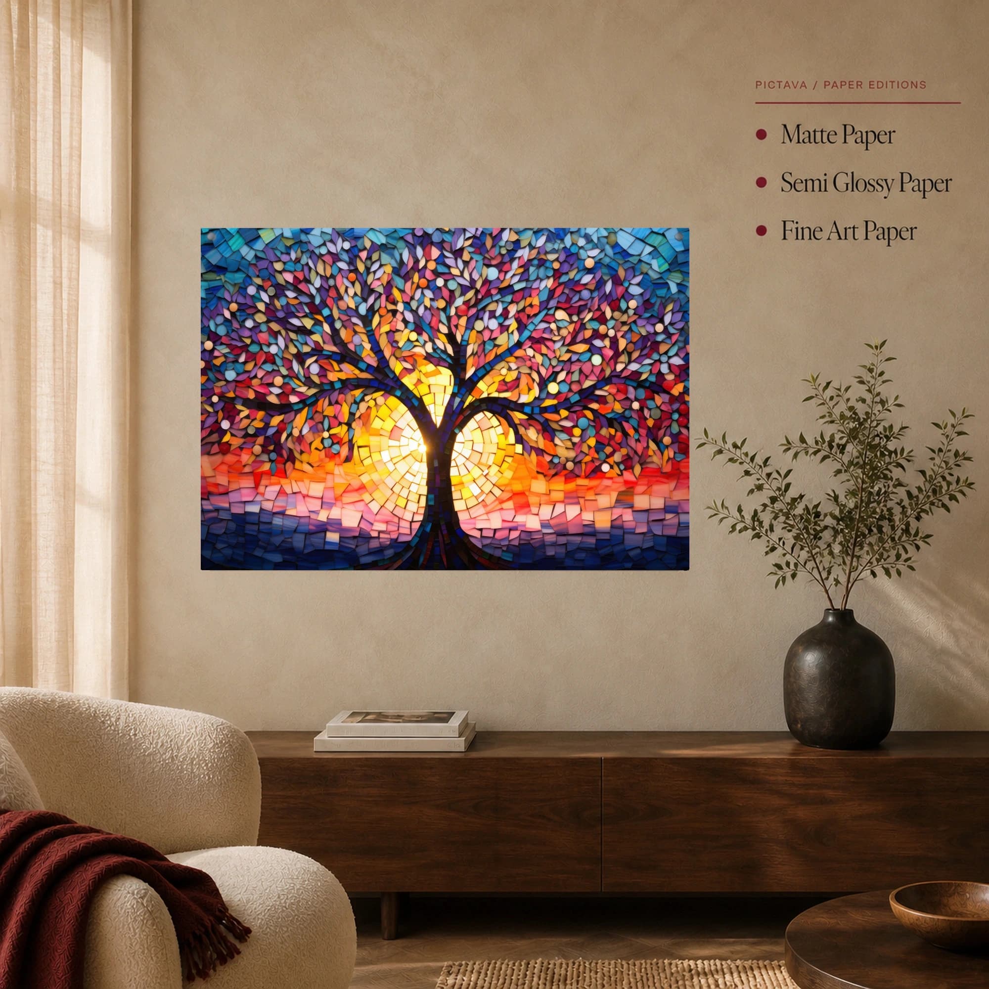 Mosaic Sunset Tree Stained Glass Wall Art, view 4